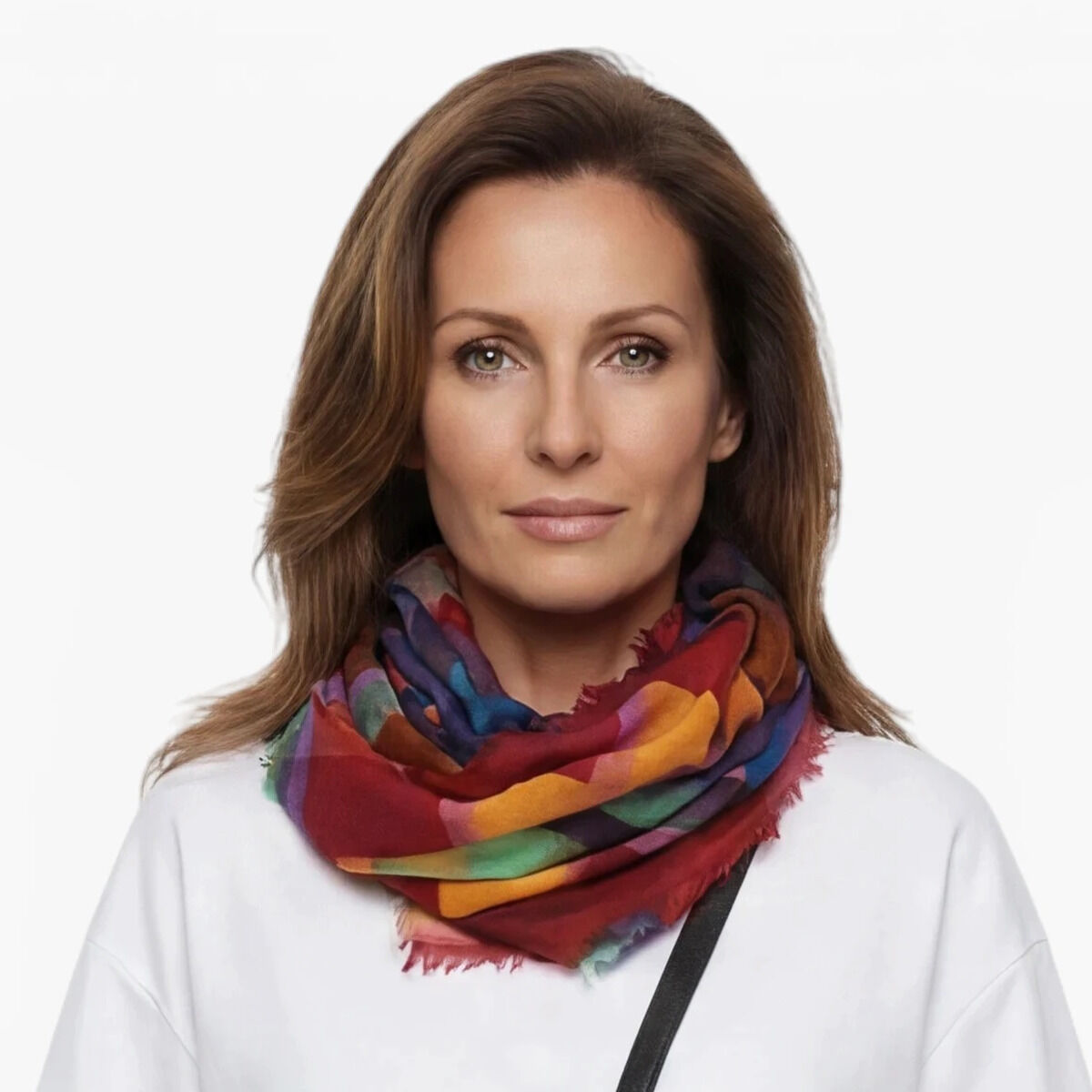 Eine Frau trägt den Merinoschal »Dalia« von Ars mundi, der durch intensive Rot- und warme Erdtöne mit Akzenten in Blau, Grün und Violett auffällt. Sie kombiniert ihn mit weißem Shirt, dunkler Hose und schwarzer Umhängetasche, das Foto ist vor weißem Hintergrund aufgenommen.