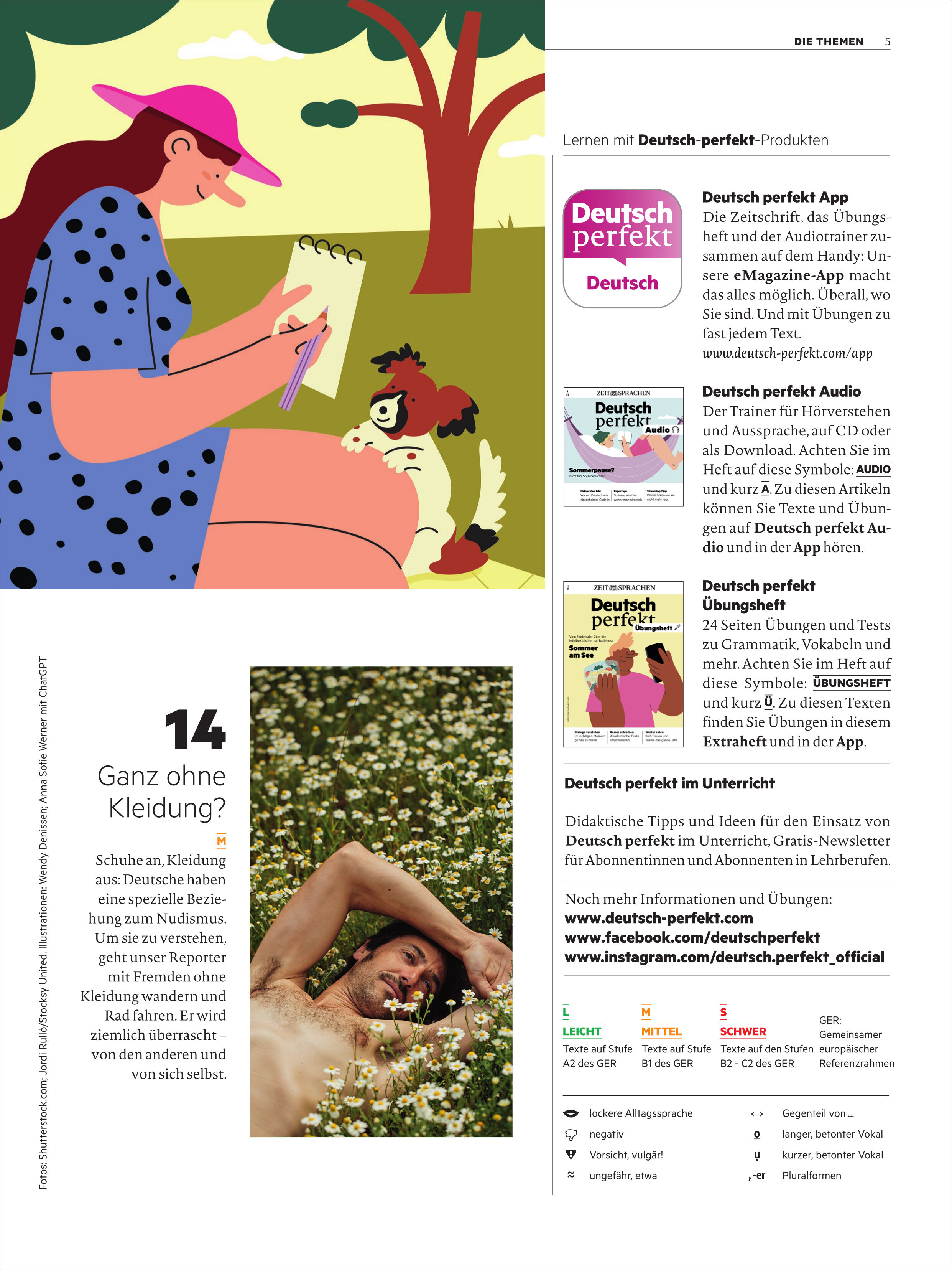 Das Titelbild des Deutsch perfekt Magazins 9/2025 zeigt eine farbenfrohe Illustration einer Person, die in der Natur sitzt und einen Notizblock hält. Im Vordergrund liegt ein Hund. Links ist ein Artikel über Kleidung und rechts eine Übersicht zu weiteren Produkten des Magazins wie App, Audio und Facebook-Seite. Die Farben sind überwiegend rosa, grün und beige. Das Magazin richtet sich an Deutschlernende.