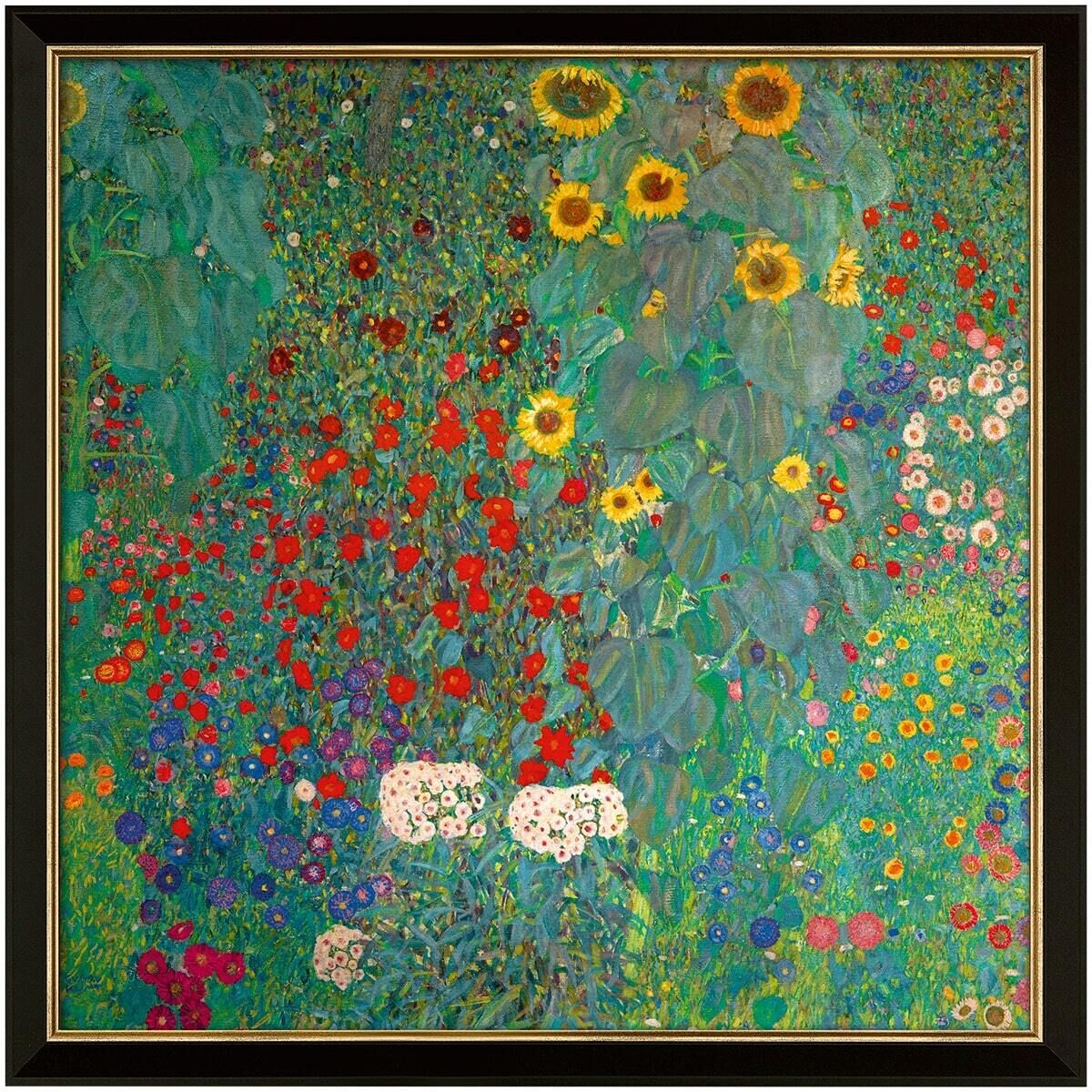 Ein Gemälde von Gustav Klimt aus dem Jahr 1907, das einen lebendigen Bauerngarten mit Sonnenblumen und anderen bunten Blumen in dominierenden Grüntönen zeigt. Das Bild ist detailreich und vermittelt eine beeindruckende Darstellung der Natur und Blumenpracht.