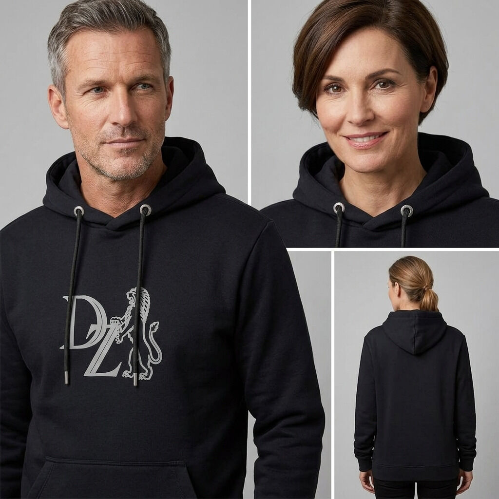 Collage mit drei Bildern: Ein Mann und eine Frau tragen einen schwarzen »ZEIT« Hoodie mit grauem Löwen-Logo-Schaumprint auf der Brust. Details wie schwarze Kordeln, Metallösen und ein Lederlabel sind zu sehen. Rückansicht des Hoodies an einer Frau zeigt lockere Passform.