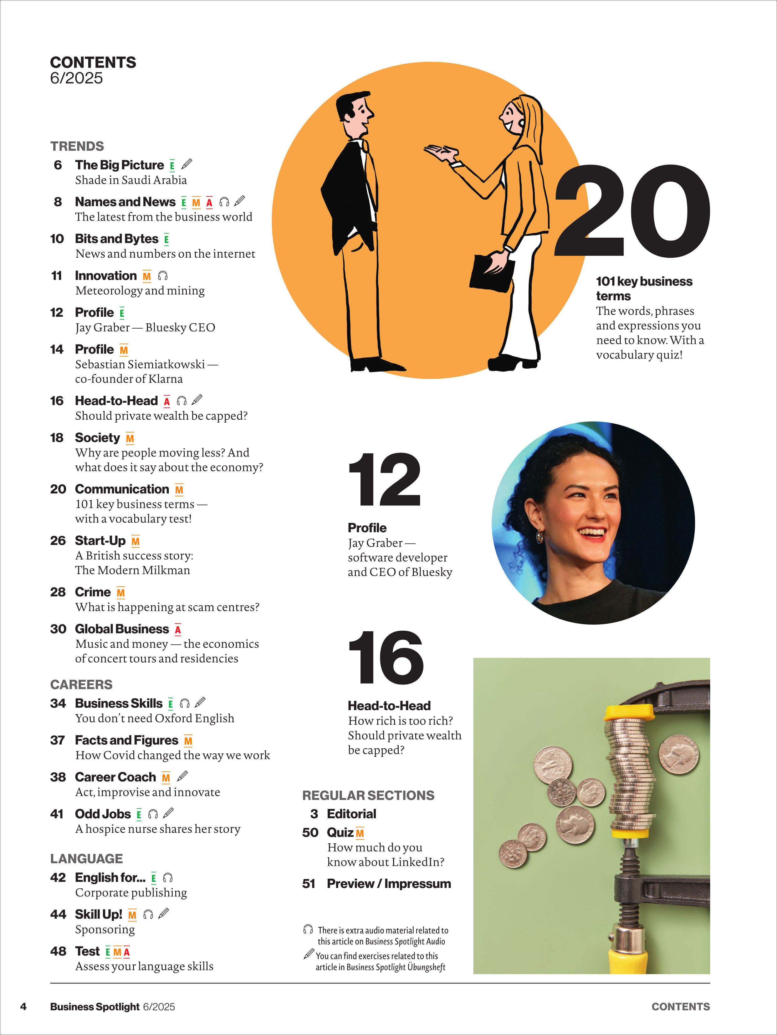 Titelseite des Business Spotlight Magazins Ausgabe 6/2025. Enthält eine Illustration von einem Mann und einer Frau sowie Bilder von Porträts und ein Symbol, das Münzen und ein Telefonhörer zeigt. Der Fokus liegt auf Business- und Wirtschaftsthemen.