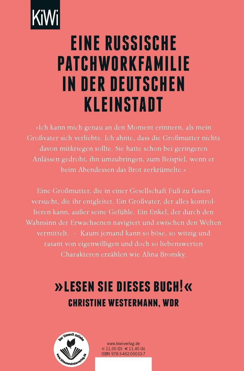 Buchcover von 'Zopf meiner Großmutter' von Alina Bronsky. Rotes Cover mit schwarzer und weißer Schrift, oben links das Logo des KiWi Verlags. Unten ein Zitat von Christine Westermann.