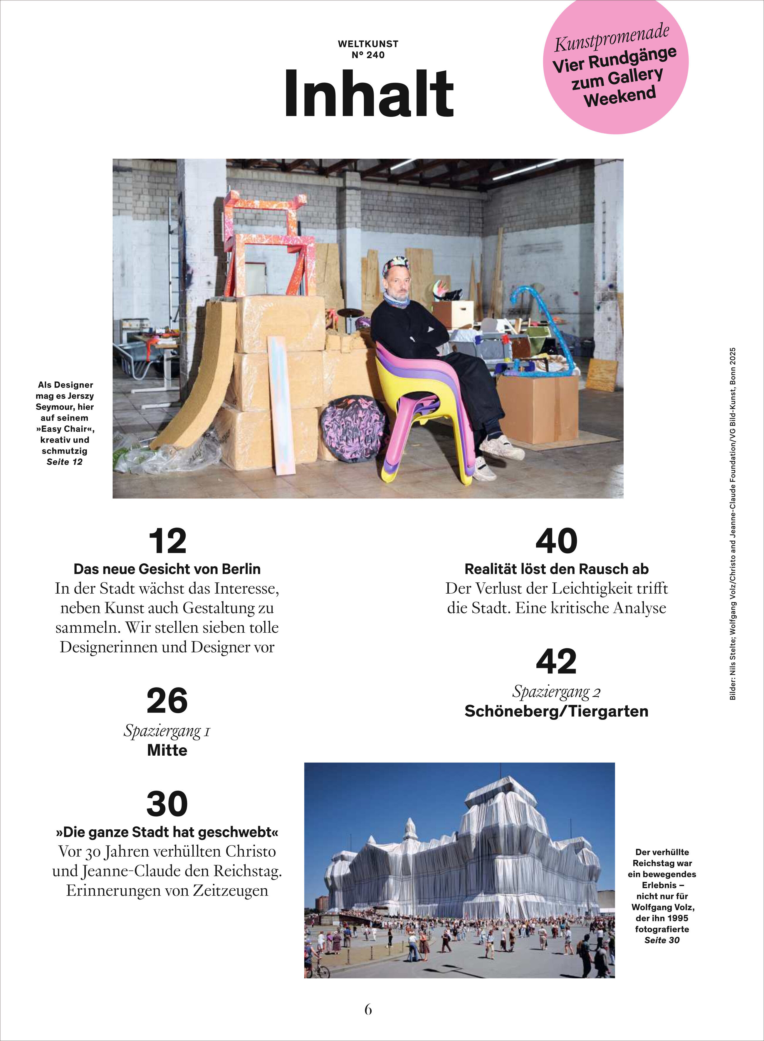 Ein Magazin mit dem Titel 'WELTKUNST 240/25 Sonderheft Berlin' zeigt auf dem Cover eine Person, die auf einem Stuhl in einer kreativ gestalteten Umgebung sitzt. Der Hintergrund besteht aus verschiedenen Kartons und Kunstmaterialien. Es gibt auch Text mit Inhalten über Design, Kunst und Spaziergänge in Berlin.