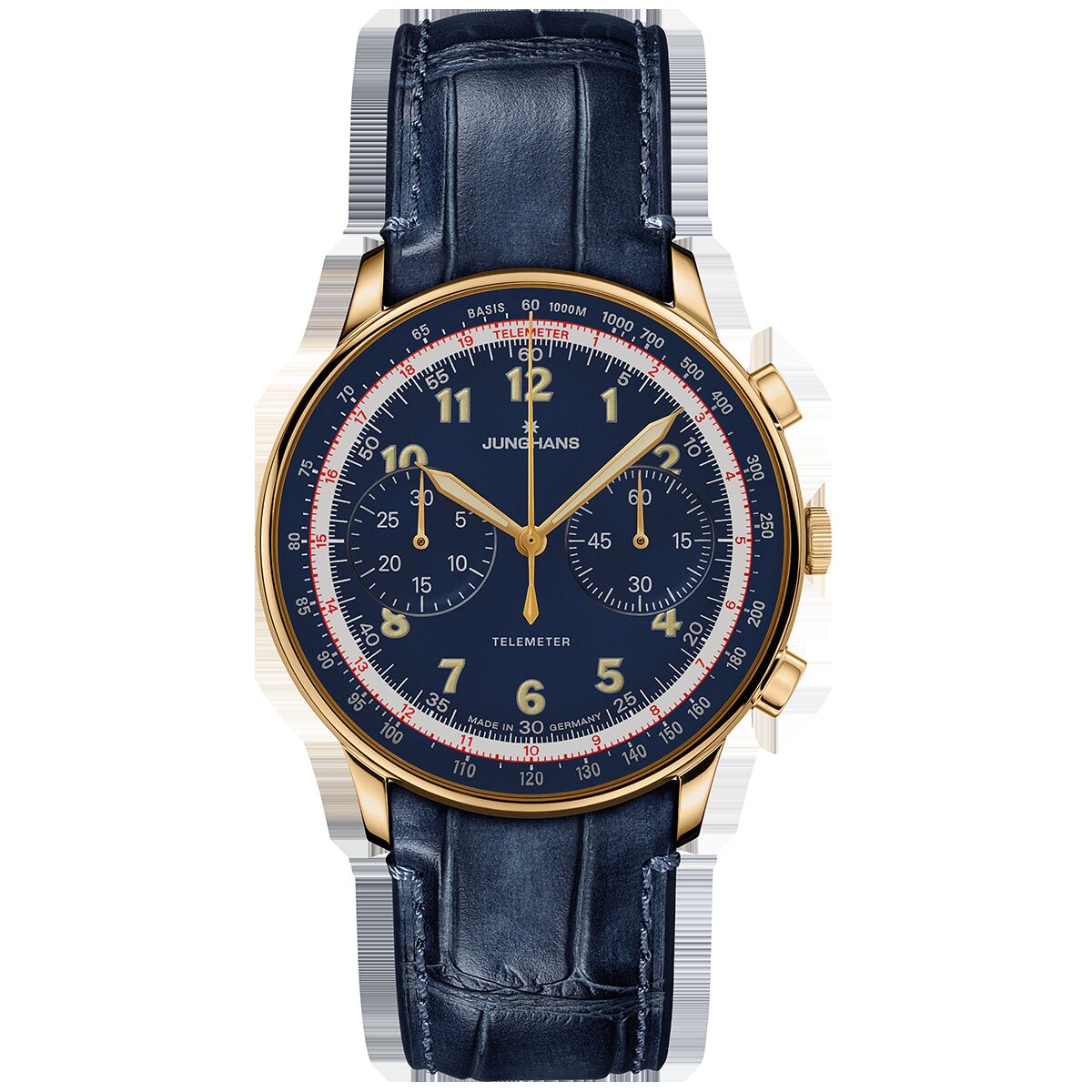 Abgebildet ist eine elegante Herrenuhr der ZEIT-Sonderedition »Telemeter« von Junghans mit rundem, goldfarbenem Gehäuse und dunkelblauem Lederarmband. Das Zifferblatt ist in Dunkelblau gehalten mit goldenen Zeigern und Indizes sowie weißen und roten Markierungen. Die Uhr hat drei kleine Hilfszifferblätter, eine feine Minuterie und chronographische Funktionen.