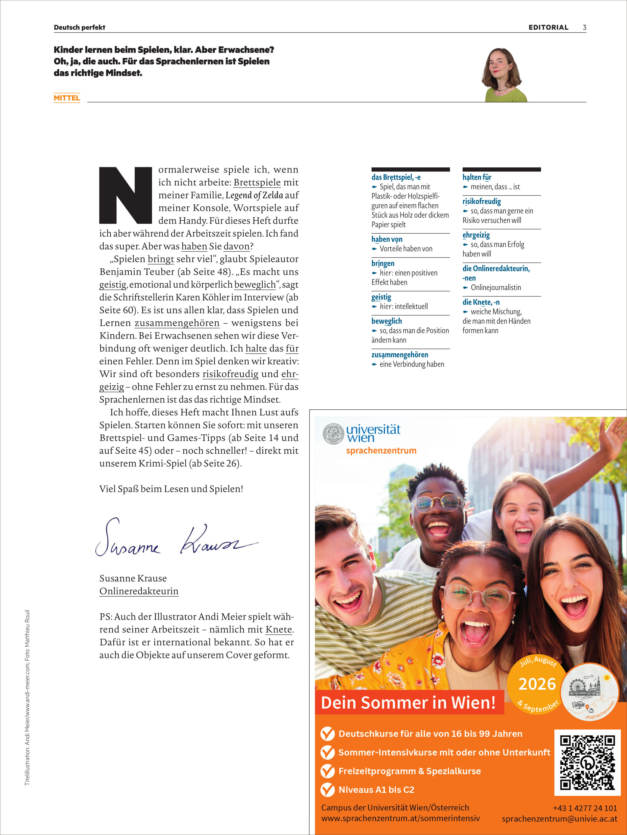 Die Magazinseite zeigt oben einen Editorial-Text mit großer Initiale, in dem über Sprachenlernen beim Spielen gesprochen wird. Darunter steht der Name Susanne Krause mit einer Unterschrift. Rechts unten ist eine farbenfrohe Anzeige für "Dein Sommer in Wien!" mit fünf lachenden jungen Menschen, die Fröhlichkeit und Gemeinschaft symbolisieren. Im Hintergrund helle Farben und gelbe Akzente.