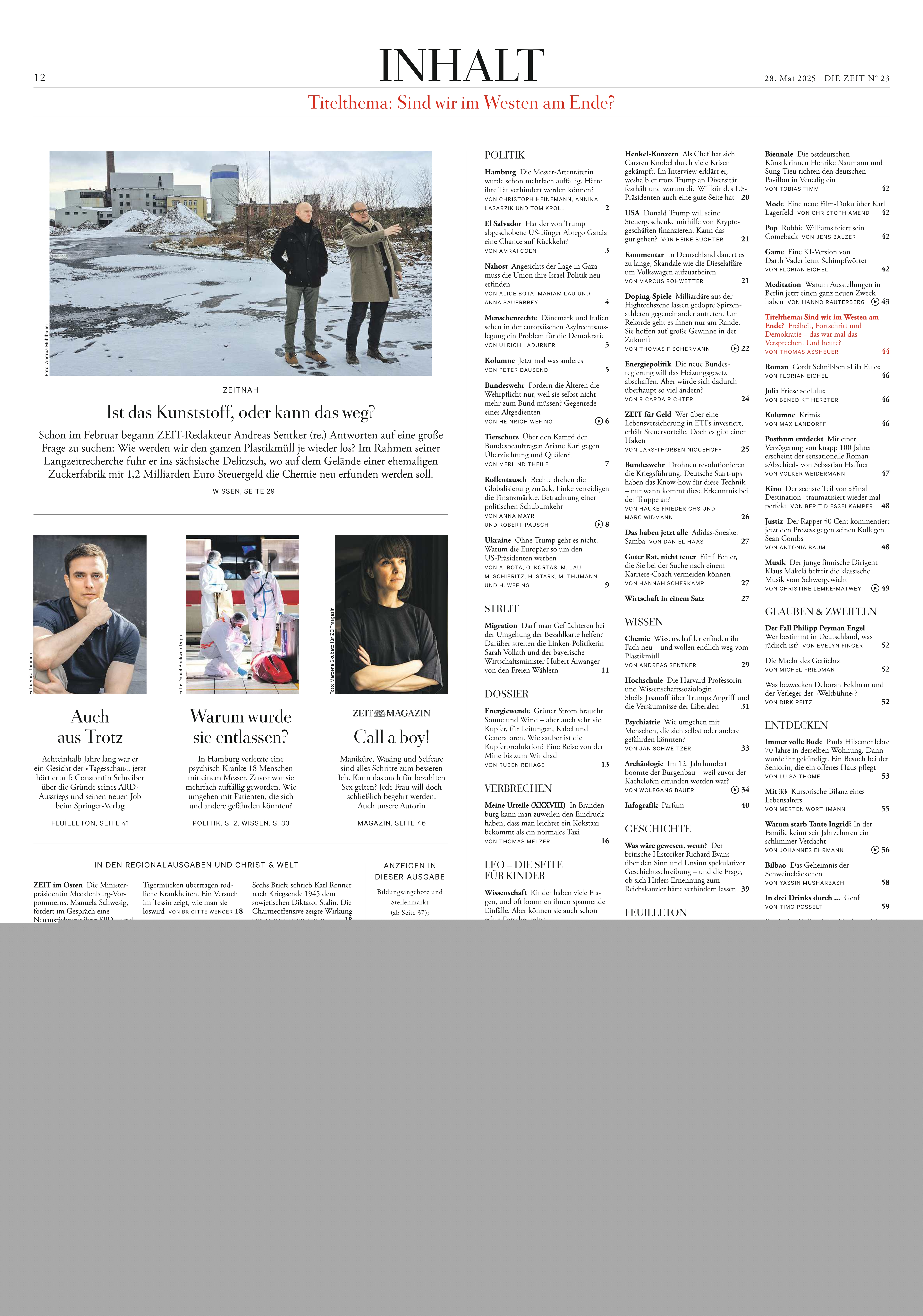 Inhaltsseite der Zeitschrift DIE ZEIT 23/2025 mit verschiedenen Artikeln, Fotos und einer Struktur aus Spalten und Textblöcken.