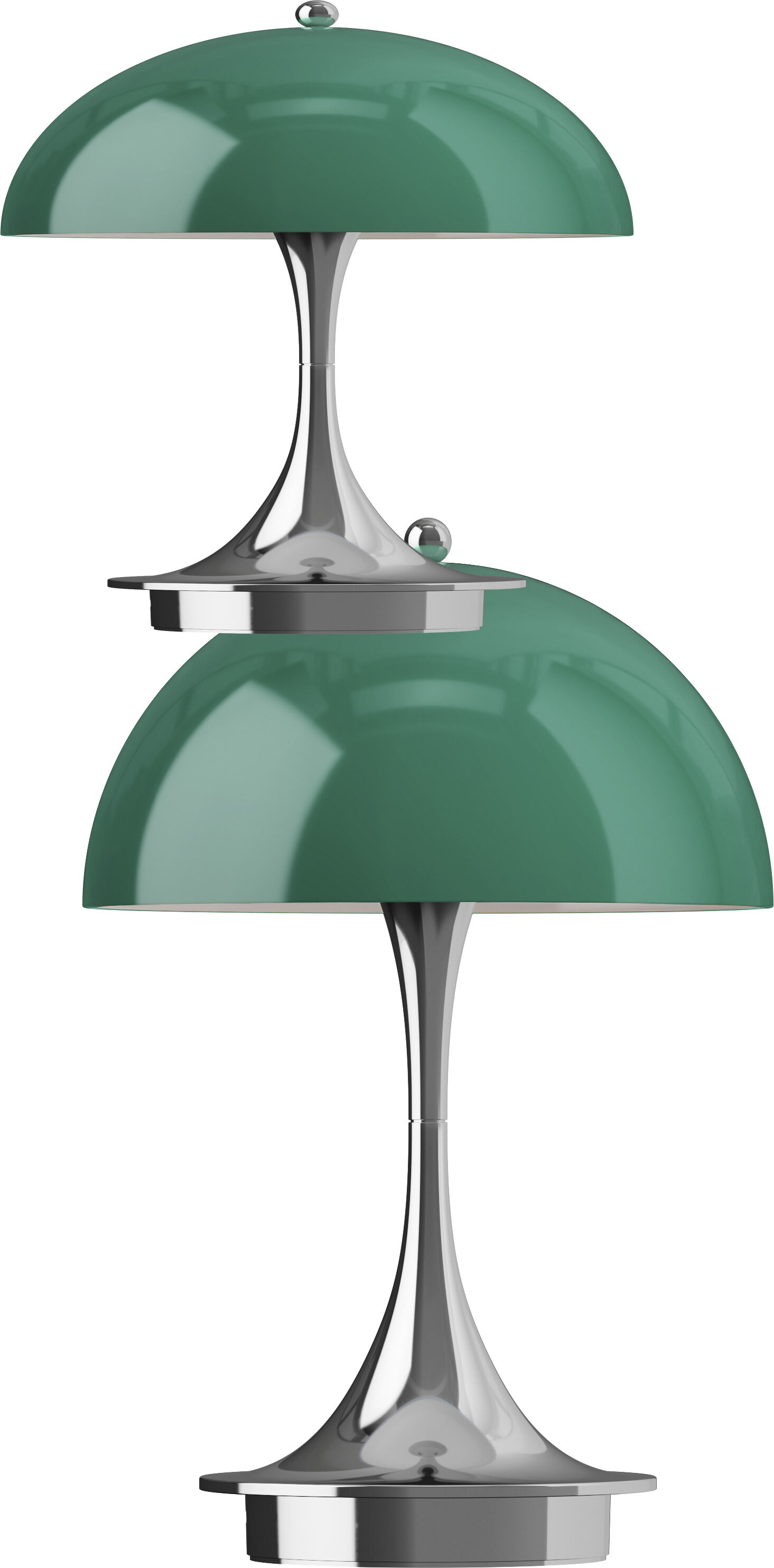 Die Abbildung zeigt die tragbare Panthella 160 Leuchte der Marke Louis Poulsen. Sie hat einen glänzend grünen, kuppelförmigen Lampenschirm und einen eleganten, chromfarbenen Standfuß. Das Design ist modern und minimalistisch, perfekt für stilvolle Innenräume.