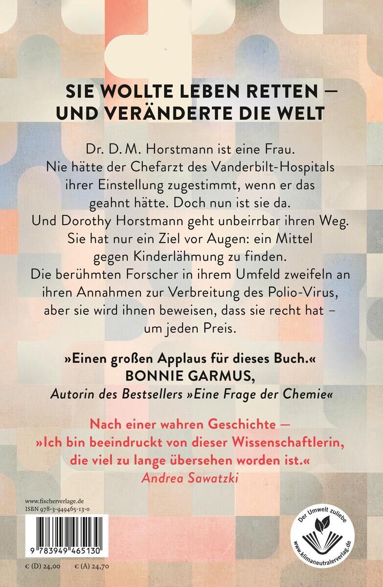 Rückseite eines Buches mit dem Titel 'Formel der Hoffnung' von L. Cullen. Der Text beschreibt die Geschichte eines Mediziners und seiner Bemühungen um kindliche Immunisierung. Es gibt auch Zitate von Bonnie Garmus und Andrea Sawatzki, die das Buch loben. Unten rechts auf dem Cover ist ein kleines Abzeichen, das auf eine Preisnominierung hinweist.