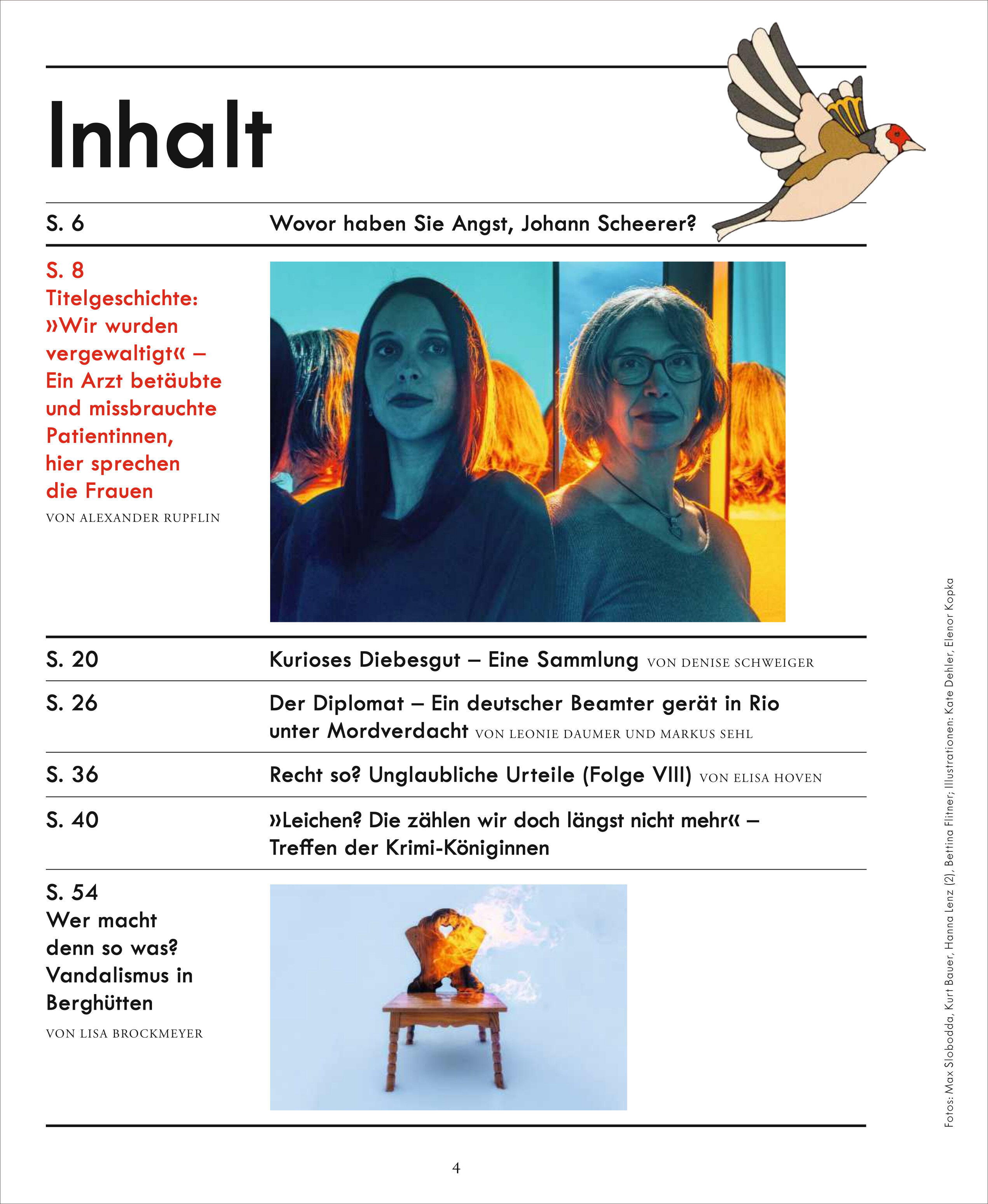 Inhaltsverzeichnis einer Ausgabe von ZEIT VERBRECHEN. Oben eine Bleistiftzeichnung eines gefiederten Vogels mit Brief. Es folgen Rubriken und Seitennummern, darunter eine große Farbfotografie von zwei Frauen vor blauem Hintergrund, sowie eine kleine Aufnahme einer mit Schmuck bestückten Glasbüste auf Orangeton. Klare, moderne Gestaltung mit schwarzen Linien und serifenloser Schrift.