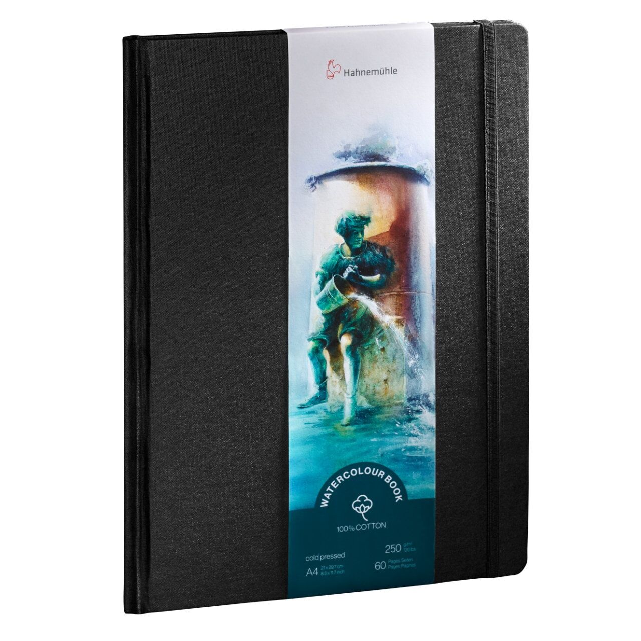 Aquarell-Notizbuch mit schwarzem Hardcover und Banderole von Hahnemühle, auf der ein künstlerisches Aquarellmotiv zu sehen ist; das Buch ist für Künstlerskizzen und Malerei geeignet.