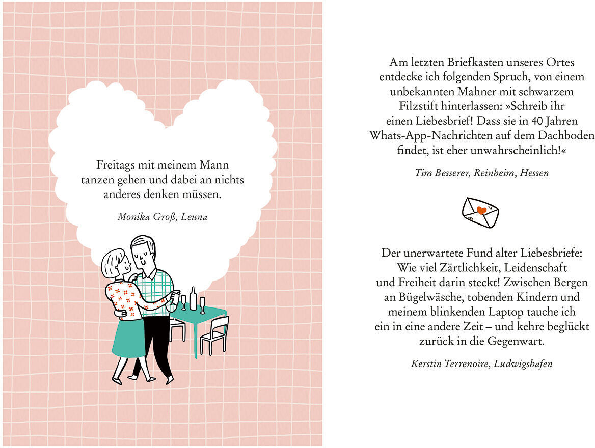 Eine Karte mit einem Liebeszitat und einer Illustration eines Paares, das sich liebevoll ansieht. Das Zitat auf der linken Seite befindet sich in einem weißen Herz vor einem rosa Hintergrund, während auf der rechten Seite ein Text mit weiteren romantischen Beschreibungen steht.