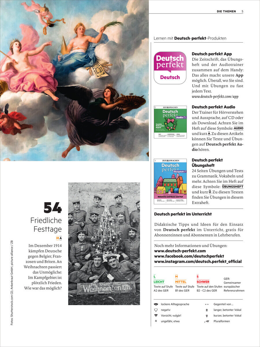 Das Bild zeigt eine Seite des Deutsch perfekt Magazins 14/2024 mit Artikeln über deutsche Feiertage, historische Bilder und Informationen zur App. Verschiedene Themen und Produkte der Zeitschrift werden dargestellt, mit Illustrationen und einem historischen Foto.