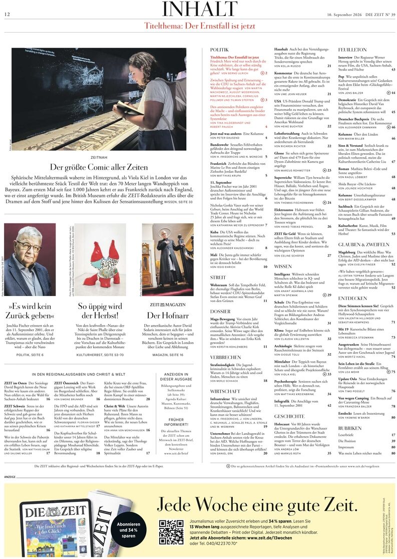 Doppelseite einer Zeitung mit Überschrift "INHALT". Oben links ein Foto einer Frau an einem großen Tisch, darunter Beitragsüberschriften und Texte. Drei kleinere Portraitfotos mit Artikeltiteln darunter. Rechts eine mehrspaltige Übersicht mit Inhaltsangaben und Seitennummern. Unten gelber Werbebanner.