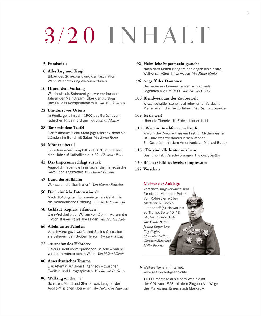 Inhaltsverzeichnis einer Ausgabe von 'ZEIT GESCHICHTE' mit dem Titel 'Vorsicht, Verschwörung!'. Das Inhaltsverzeichnis listet verschiedene Themen und Artikel auf, darunter historische Ereignisse, Politik und Verschwörungstheorien. Das Farbschema besteht aus Weiß, Schwarz und Rot.