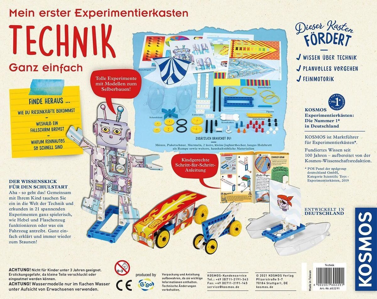 Eine Verpackung des 'Mein erster Experimentierkasten Technik' von Kosmos. Der Karton zeigt verschiedene Bastelprojekte wie Roboter und Fahrzeuge, sowie Illustrationen und Textbeschreibungen in hellen Farben wie Rot, Blau und Gelb.