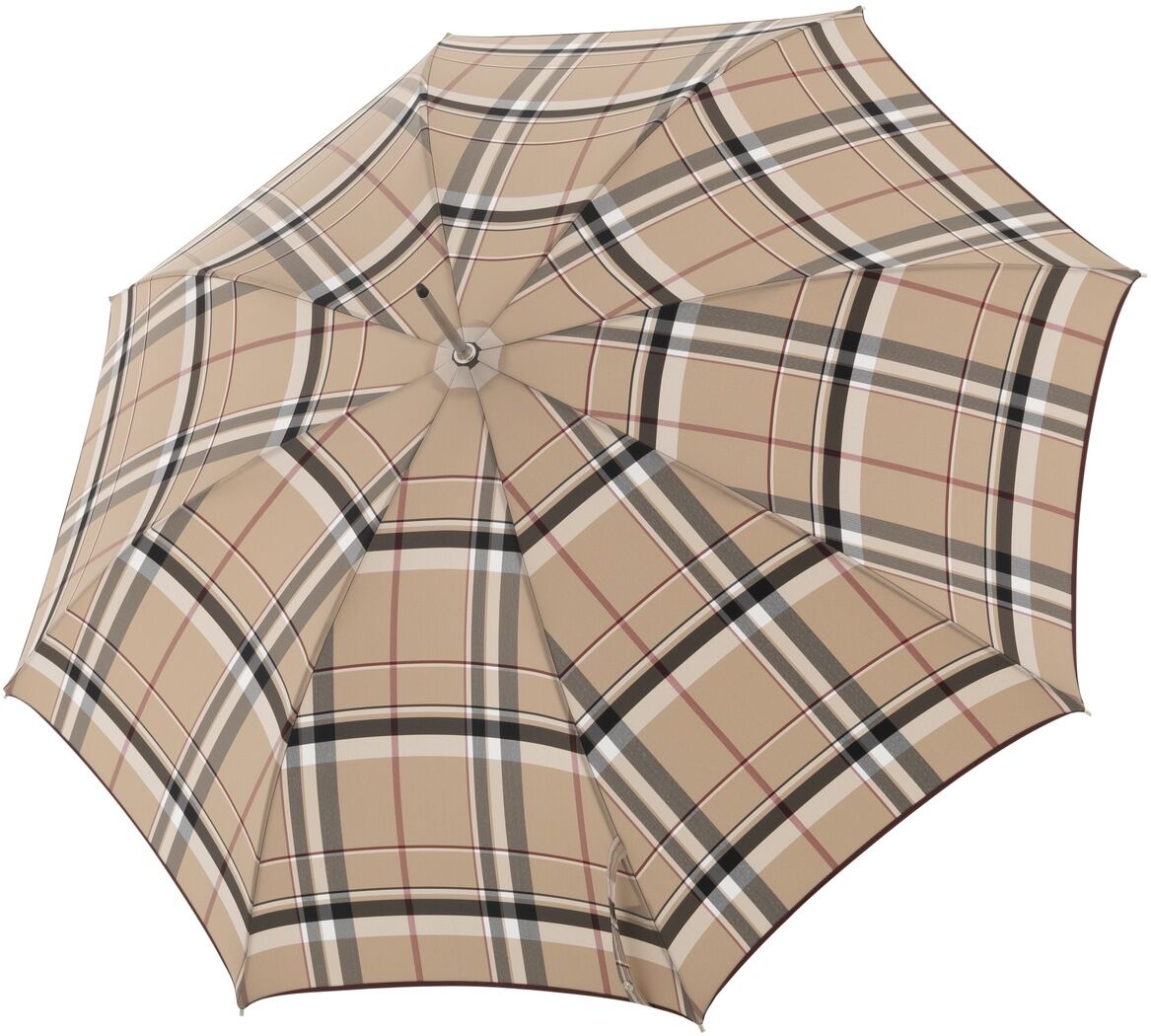 Eleganter Regenschirm mit Ledergriff und klassischem Karomuster in Beige, Schwarz, Rot und Weiß.