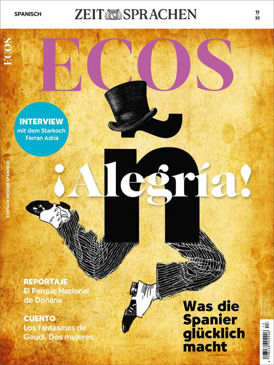 Cover der Ausgabe 13/2023 des Ecos Magazins mit einem gelben Hintergrund, einer Illustration von tanzenden Beinen mit einem Hut auf dem Buchstaben 'ñ', und einem Interview mit Ferran Adrià.