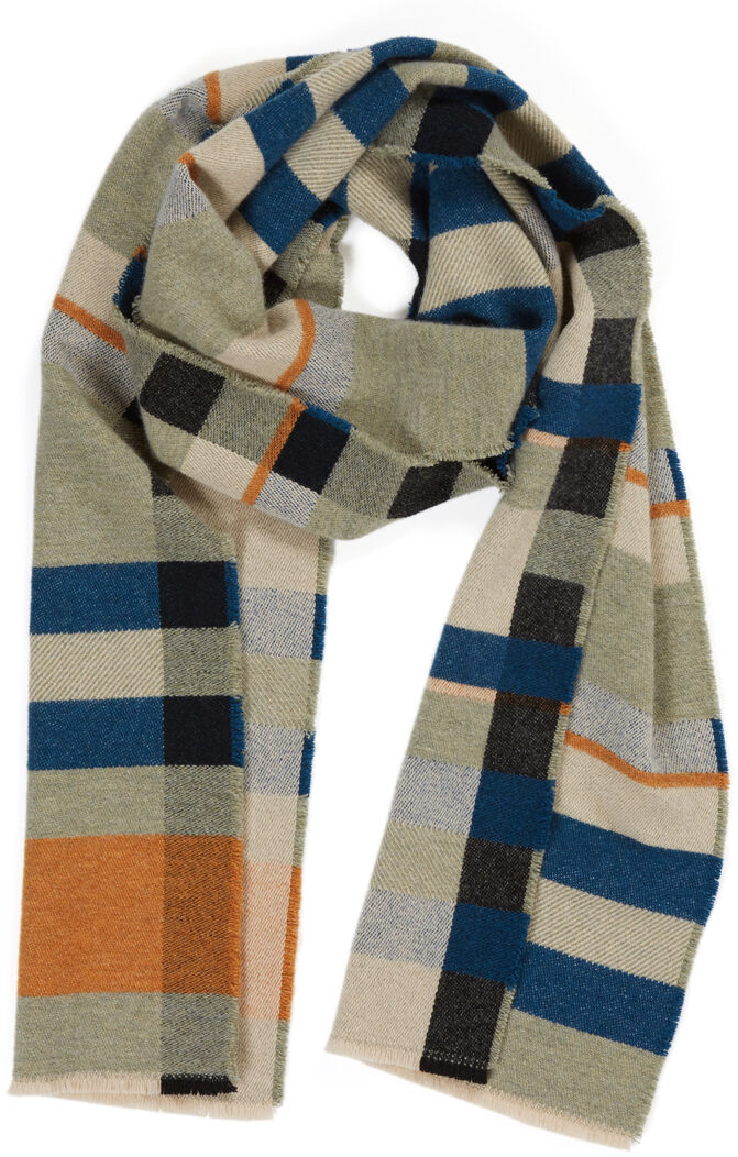 Ein modisch gestalteter Schal mit einem auffälligen geometrischen Muster im Bauhaus-Stil. Die Farben umfassen Blau, Orange, Schwarz, Grau und Beige, die sich in verschiedenen Vierecken und Rechtecken abwechseln. Ideal für modebewusste Designliebhaber und eine stilvolle Ergänzung für Wintergarderoben.