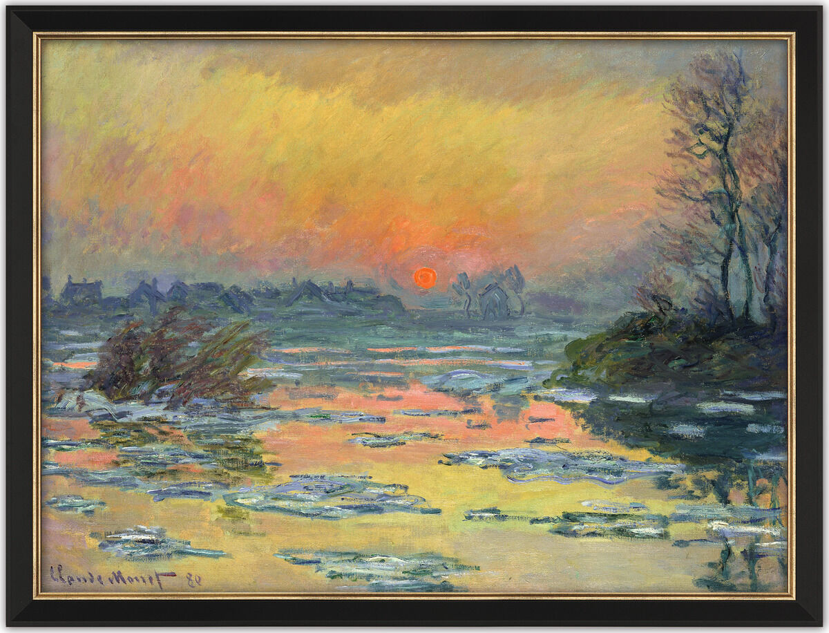 Ein impressionistisches Gemälde von Claude Monet aus dem Jahr 1880 mit dem Titel 'Coucher de Soleil sur la Seine'. Das Bild zeigt einen farbenfrohen Sonnenuntergang über einem Fluss, mit Bäumen und Vegetation am Ufer. Die Szene wird in warmen Tönen von Orange, Gelb, Grün, Blau, Rosa und Violett dargestellt.