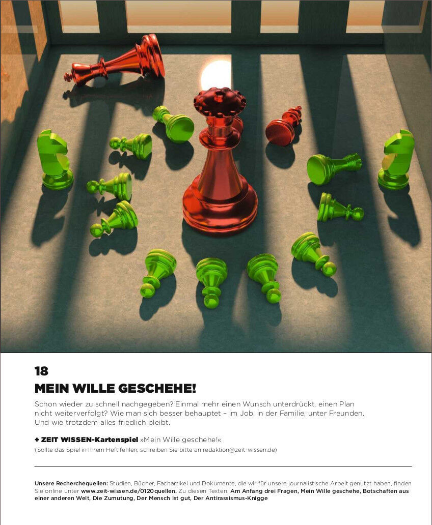 Das Cover eines Magazins namens ZEIT WISSEN 1/20 zeigt eine rote Schachkönigin, die von grünen Schachbauern umgeben ist. Der Titel lautet 'Mein Wille geschehe!'.