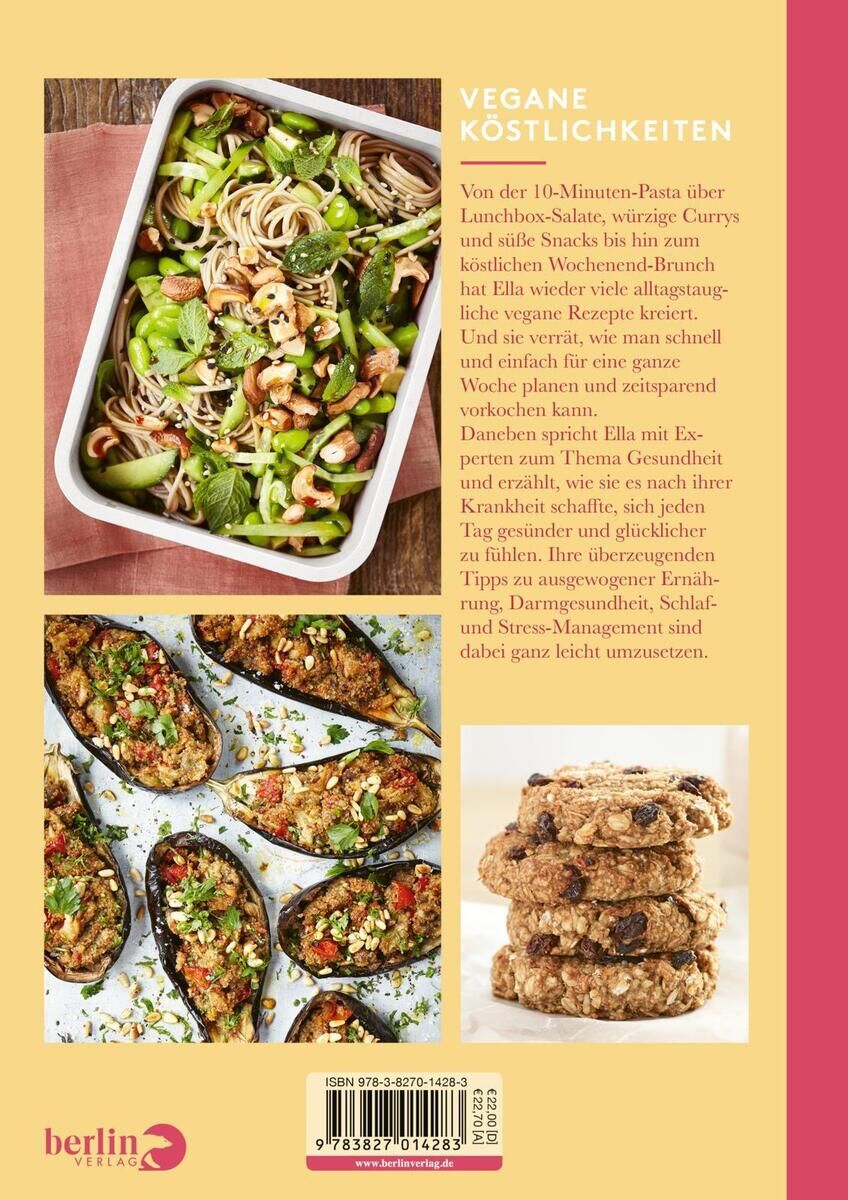 Die Rückseite eines Kochbuchs mit dem Titel 'Deliciously Ella. Quick & Easy'. Es zeigt Fotos von einem Lauchsalat, gefüllten Auberginen und gesunden Snackbällchen. Oben rechts steht 'Vegane Köstlichkeiten'.