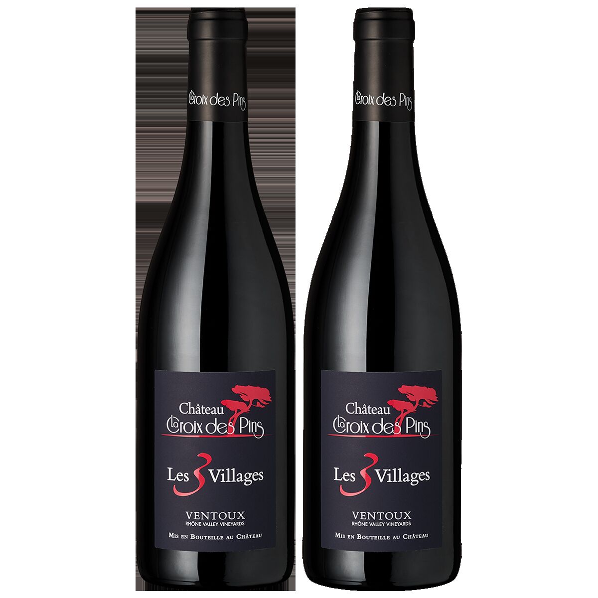 Zwei Flaschen Château Croix des Pins Ventoux Les 3 Villages Rotwein mit schwarzem Etikett und rotem Schriftzug stehen nebeneinander auf weißem Hintergrund.