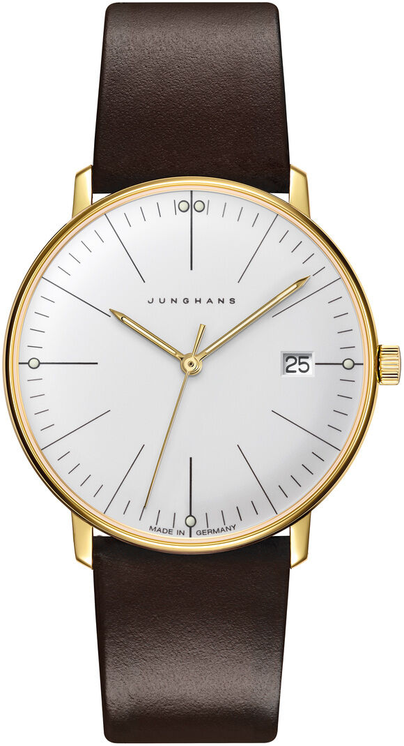 Damenarmbanduhr Junghans ZEIT Sonderedition »max bill Damen« mit goldfarbenem Gehäuse, weißem Zifferblatt, schlanken schwarzen Indizes und dunkelbraunem Lederarmband. Dezentes Datumsfenster bei drei Uhr, minimalistisch und elegant gestaltet.