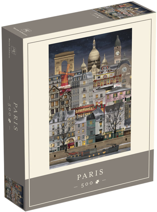 Puzzlebox zeigt eine Weihnachtslandschaft in Paris bei Nacht, mit beleuchteten Eiffelturm, Kathedrale und weihnachtlich geschmückten Gebäuden im Stadtbild.