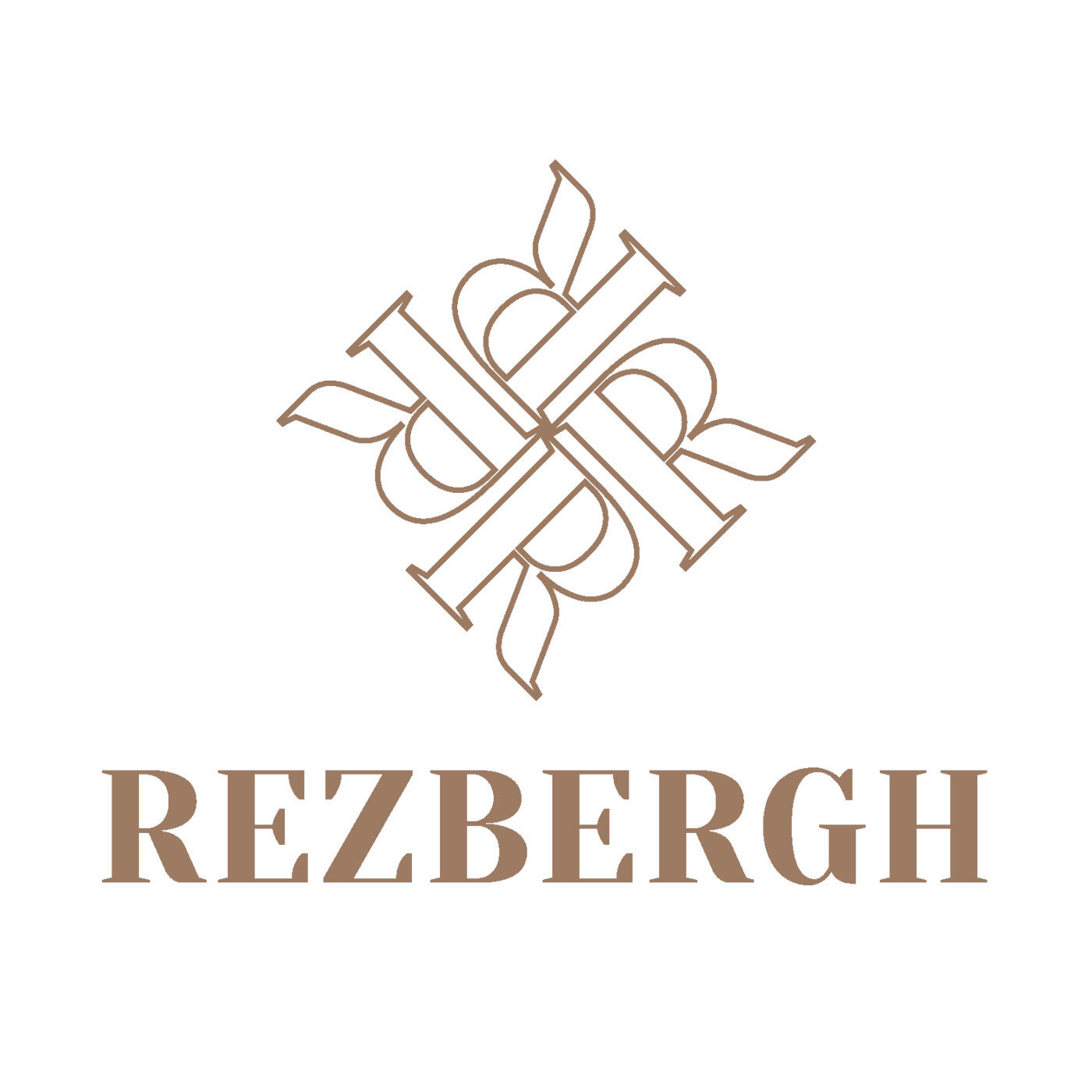Braunes Logo mit vier stilisierten Buchstaben 'R' in einem symmetrischen Muster über dem Schriftzug 'REZBERGH'