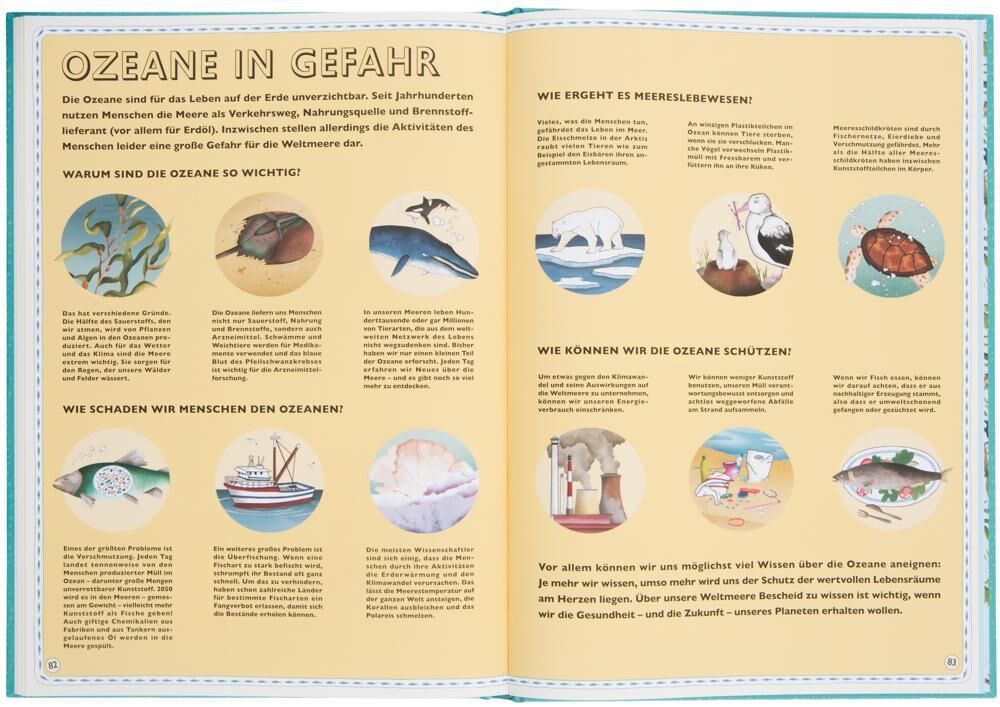 Ein aufgeschlagenes Buch mit dem Titel 'Der Atlas der Ozeane'. Die Doppelseite enthält farbenfrohe Illustrationen und Texte über die Gefahren für die Ozeane und deren Schutz. Links befindet sich eine Überschrift 'Ozeane in Gefahr'. Mehrere kleine Zeichnungen zeigen verschiedene Meerestiere und Umweltprobleme.