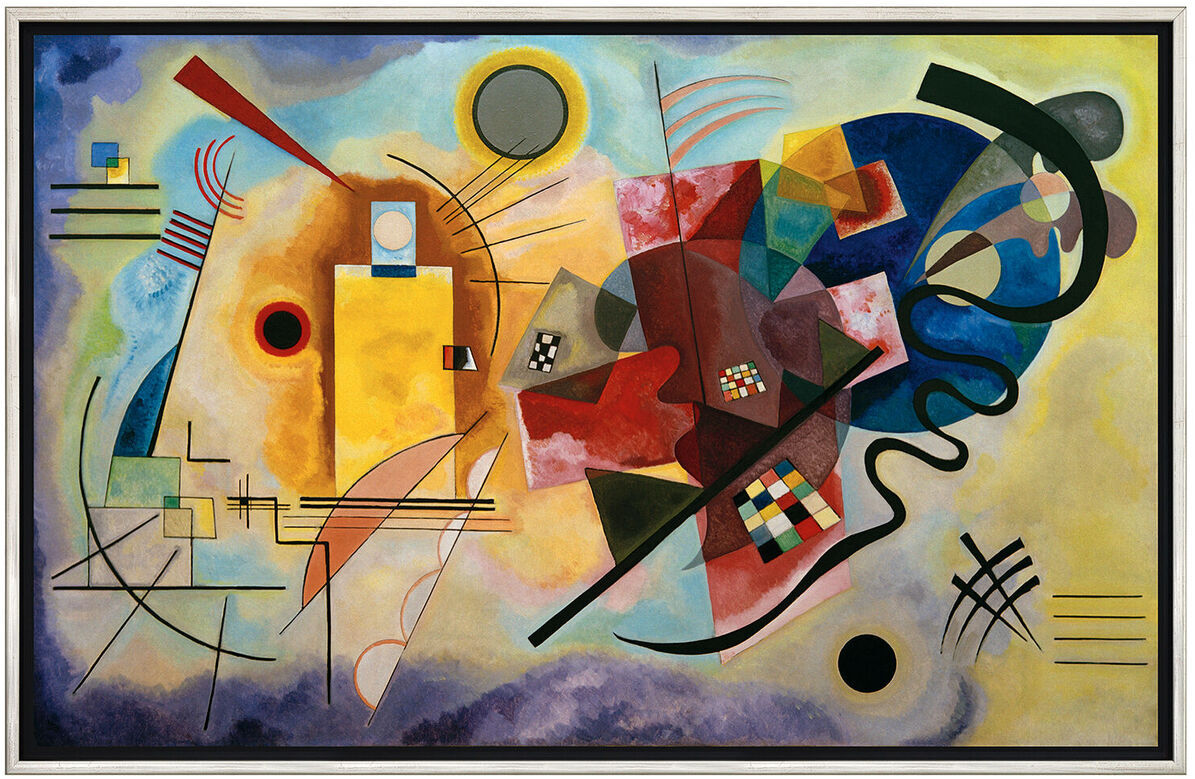 Ein abstraktes Gemälde von Wassily Kandinsky aus dem Jahr 1925, betitelt 'Gelb - Rot - Blau'. Das Bild zeigt eine dynamische Komposition aus geometrischen Formen in den Grundfarben Gelb, Rot und Blau, mit zusätzlichen Farbspritzern in Schwarz, Grün und Violett. Die Formen scheinen übereinander zu schweben, verbunden durch geschwungene und gerade Linien, die eine komplexe visuelle Struktur bilden.