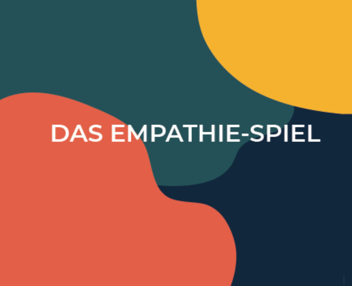 Das Bild zeigt das Produkt »Das Empathie-Spiel«. Das Design besteht aus abstrakten Formen in den Farben Dunkelblau, Senfgelb, Korallenrot und Teal. Die Schrift »DAS EMPATHIE-SPIEL« ist prominent in der Mitte des Bildes platziert.