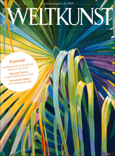Titelseite des Kunstmagazins WELTKUNST mit der Aufschrift '188/21 Fernweh! Palmen in der Kunst'. Das Bild zeigt eine farbenfrohe Darstellung von Palmblättern in verschiedenen Farben wie Blau, Grün, Gelb, Lila, Rosa und Orange.