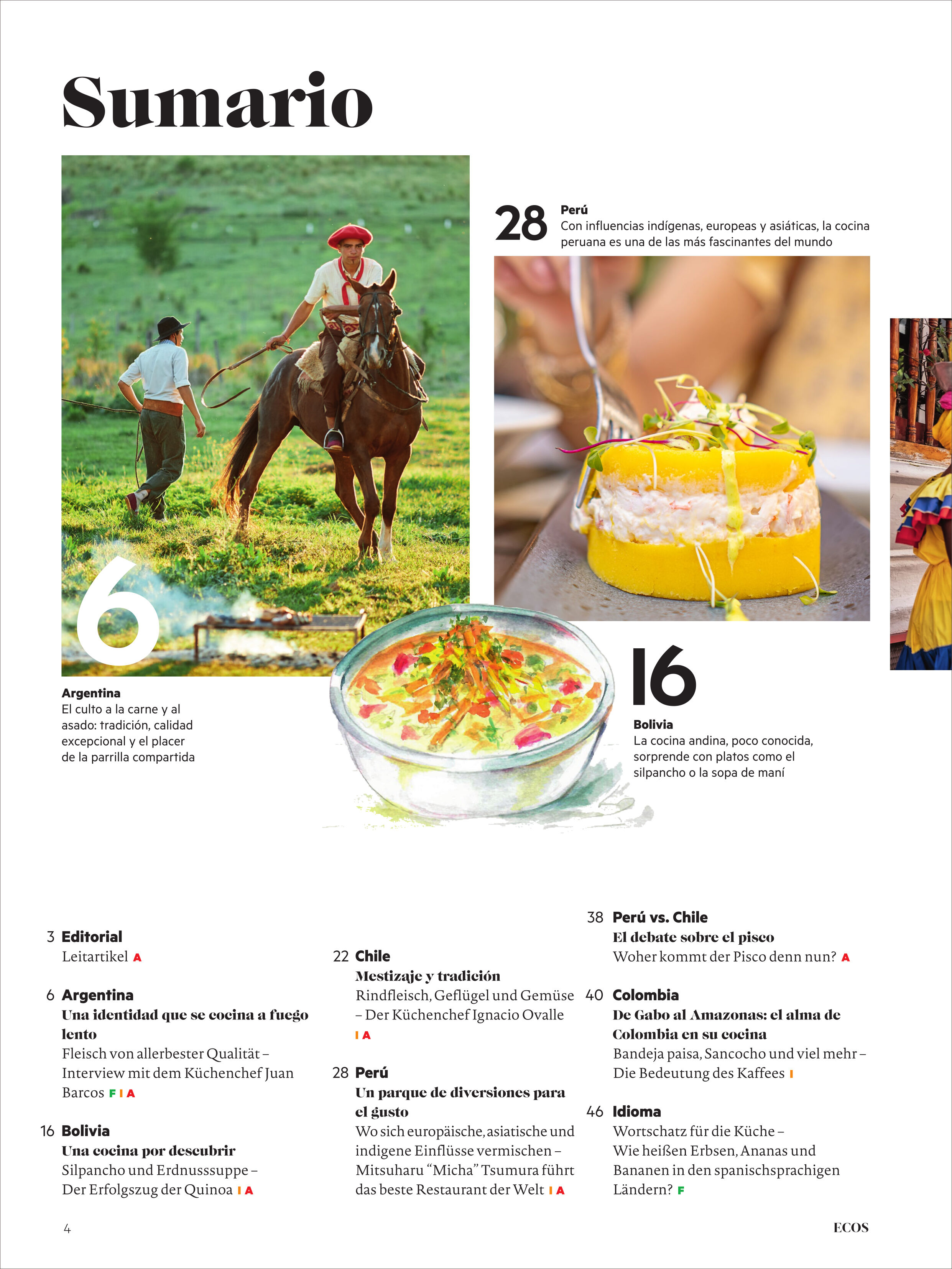 Detailreiche Seite eines Magazins mit dem Titel 'Sumario'. Im oberen Bereich ein großes Foto: Person in traditioneller Kleidung reitet auf einem Pferd durch grüne Landschaft. Zwei kleinere Bilder: eine bolivianische Suppe und ein peruanisches Schichtdessert. Text und Themenliste rund um spanischsprachige Länder und deren Küche.