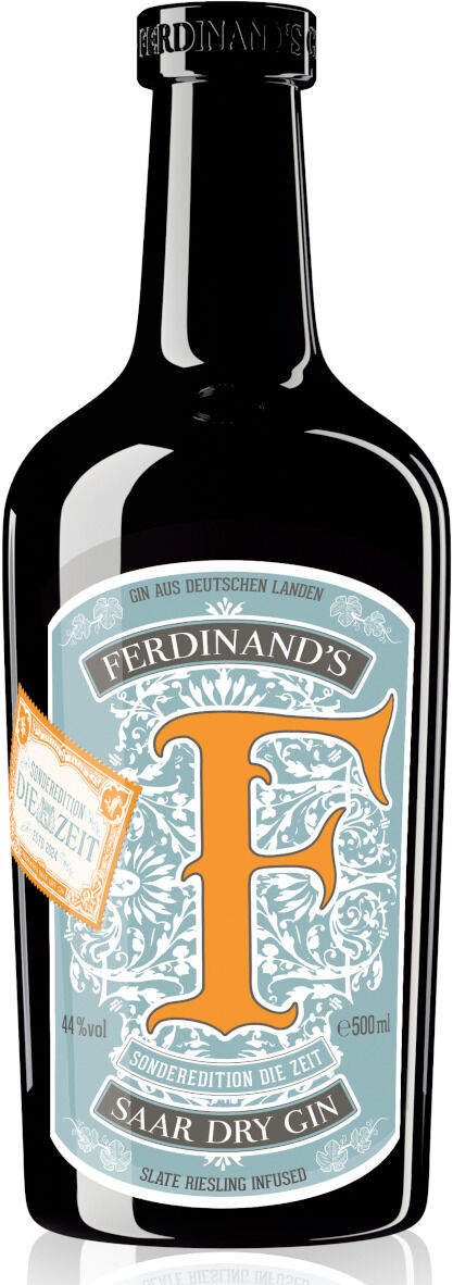 Eine Flasche Ferdinand's Saar Dry Gin ZEIT Sonderedition mit einem eleganten schwarzen Etikett und einer ausgeprägten orangefarbenen Zierelementen.