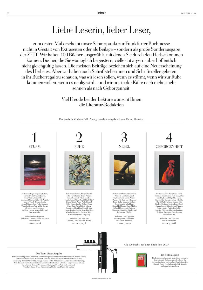 Eine deutsche Magazinseite der Sonderausgabe "DIE ZEIT 43/2026 Literatur" zeigt oben einen Begrüßungstext der Redaktion. Unten sind vier Buchcover zu den Themen Sturm, Ruhe, Nebel und Geduld abgebildet, darunter kurze Beschreibungen. Schlichtes, modernes Layout.