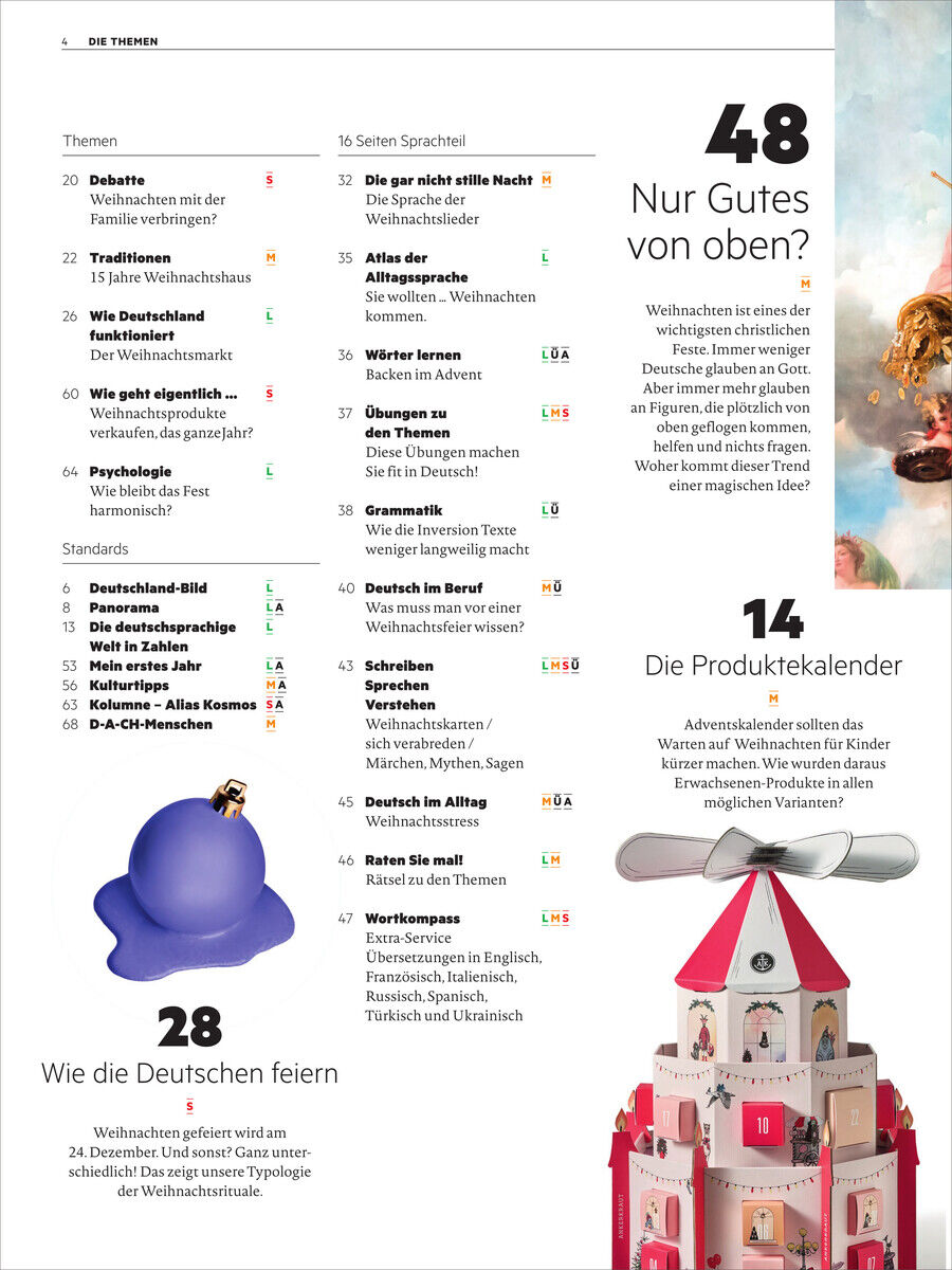 Inhaltsseite einer Zeitschrift namens 'Deutsch perfekt Magazin 14/2024' mit einem Adventskalender-Thema. Enthält eine Liste mit Themen wie Debatten, Vokabeln, Alltag, und Beruf. Auf der rechten Seite ist ein Bild von einem Adventskalender und einem Weihnachtsmotiv zu sehen. Hauptfarben sind weiß, schwarz, rot, blaulila und grau.