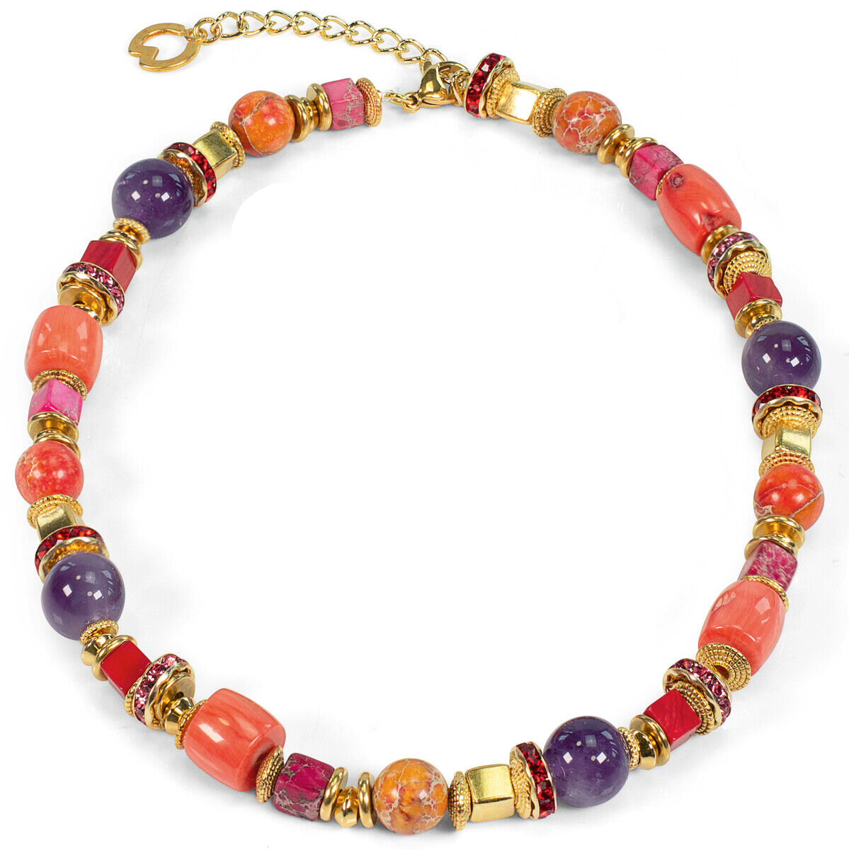 Schmuckset 'Tamika' von Petra Waszak, eine bunte Halskette mit Perlen in Gold, Rot, Lila, Orange und Pink, verziert mit goldenen Akzenten.