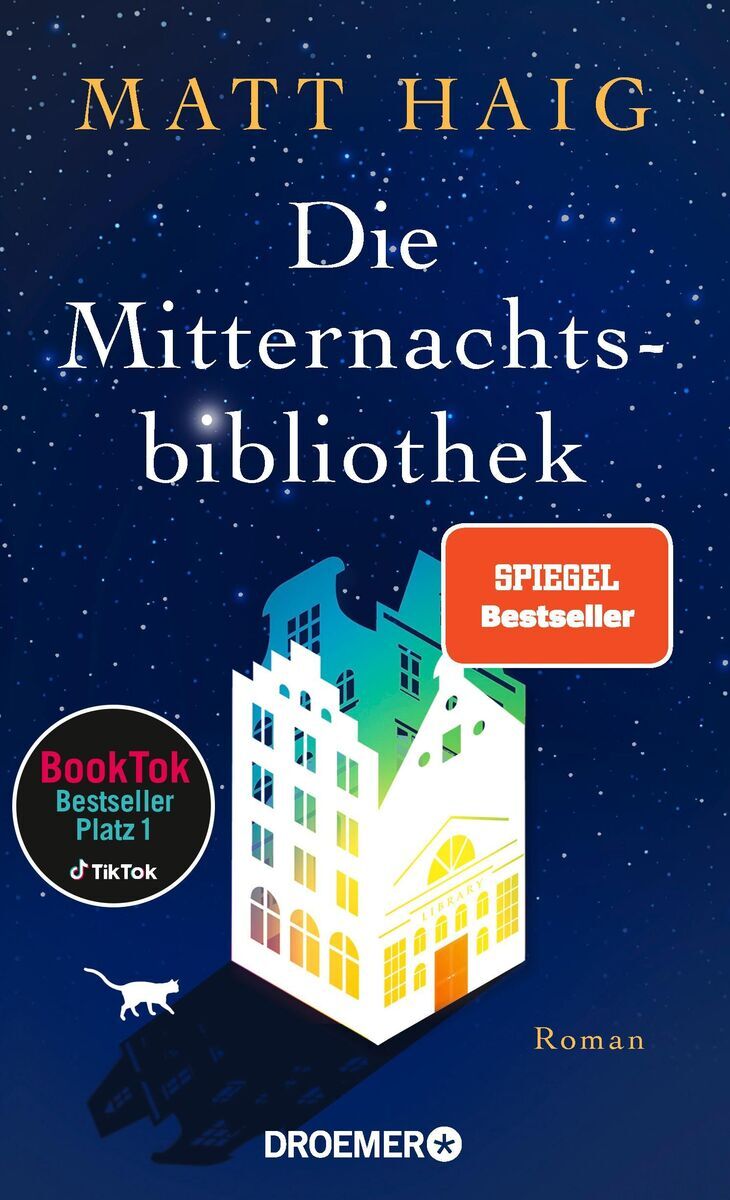 Buchcover des Romans 'Die Mitternachtsbibliothek' von Matt Haig. Der Himmel ist dunkelblau mit funkelnden Sternen, und sie zeigt das Bild eines Gebäudes, das nachts beleuchtet wird. Darüber ist der Titel und der Name des Autors zu sehen. Es gibt auch ein 'Spiegel Bestseller'-Abzeichen und ein 'BookTok Bestseller Platz 1' Abzeichen.