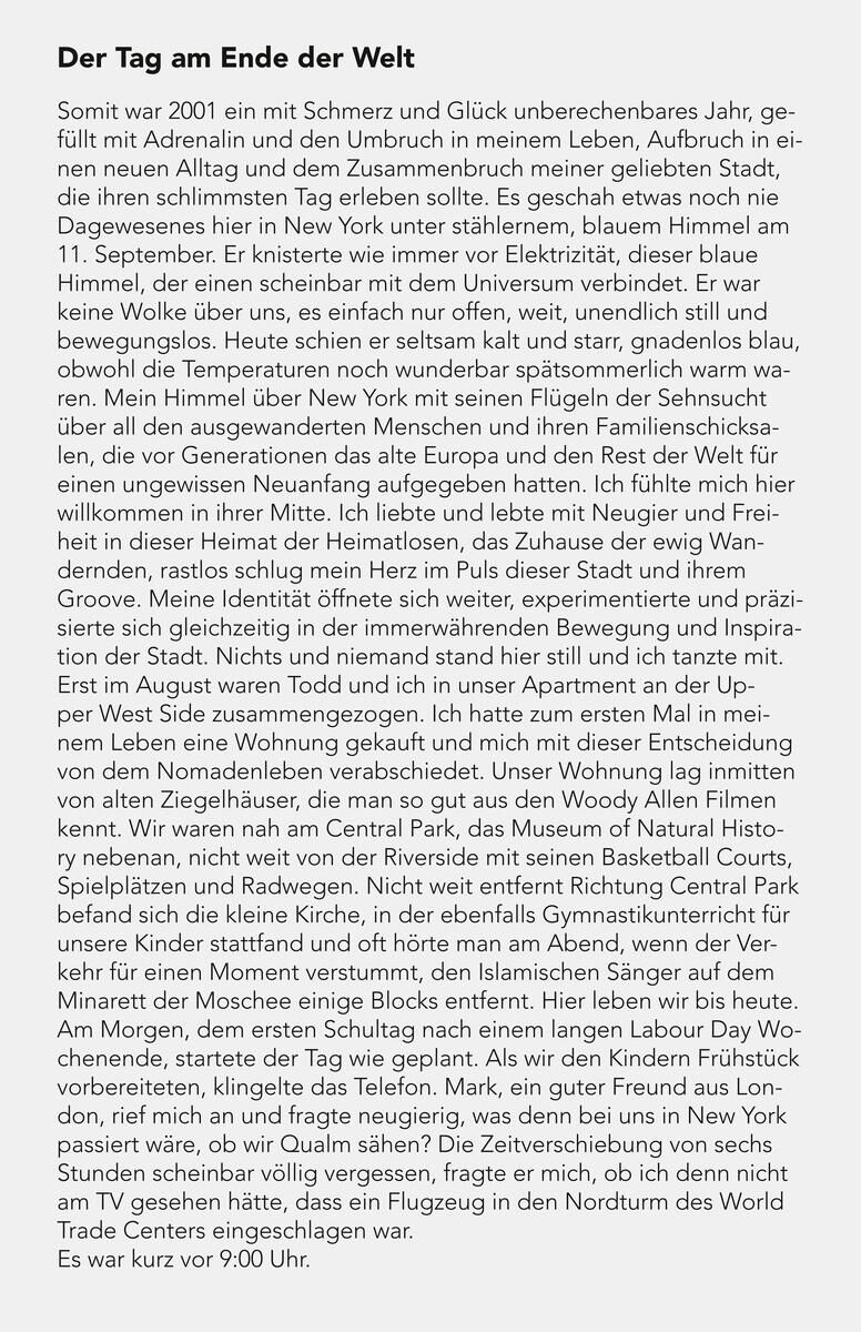 Ein Textauszug aus dem Buch 'Zeitreisende' von Ute Lemper. Der Absatz beginnt mit 'Der Tag am Ende der Welt' und beschreibt die Erlebnisse eines Charakters in einem Jahr voller Aufruhr und Veränderungen, der auch die Ereignisse am 11. September miterlebt.
