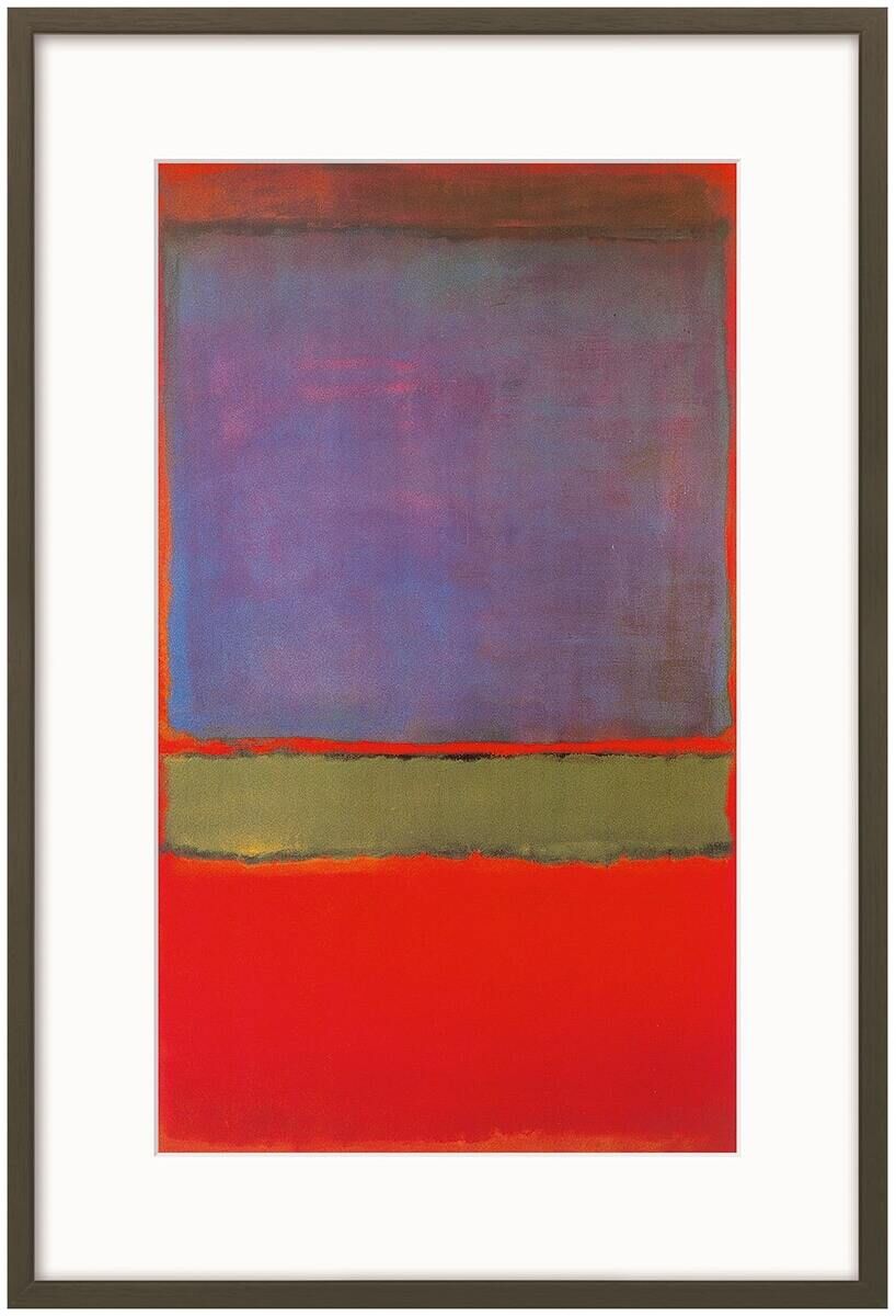 Ein abstraktes Gemälde von Mark Rothko aus dem Jahr 1951 mit dem Titel 'No. 6 (Violet, Green, & Red)'. Es zeigt große Farbflächen in Violett, Grün und Rot, geteilt durch horizontale Farbstreifen, eingerahmt in einem schlichten braunen Rahmen.