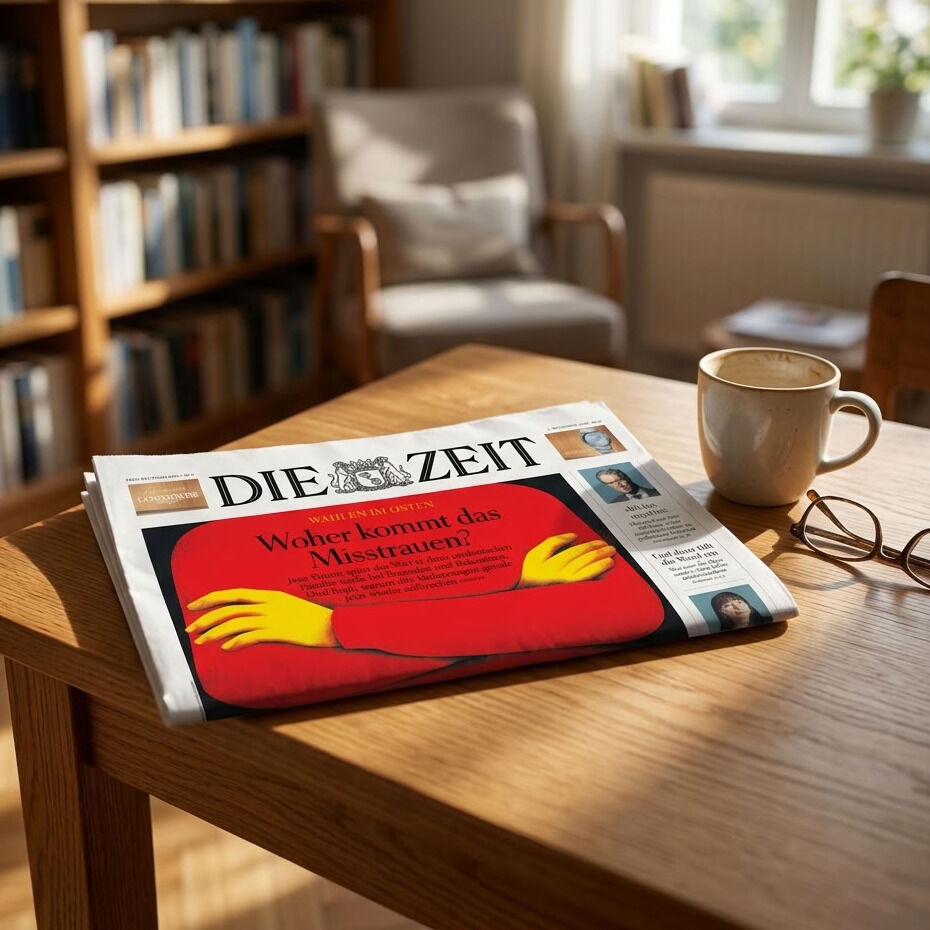 Die Wochenzeitung DIE ZEIT Ausgabe 38/2026 liegt auf einem Holztisch neben einer Tasse Kaffee und einer Brille. Im Hintergrund ein Bücherregal und ein helles Fenster. Auf dem Titelthema steht: "Woher kommt das Misstrauen?" mit einer Illustration von zwei gelben Händen.