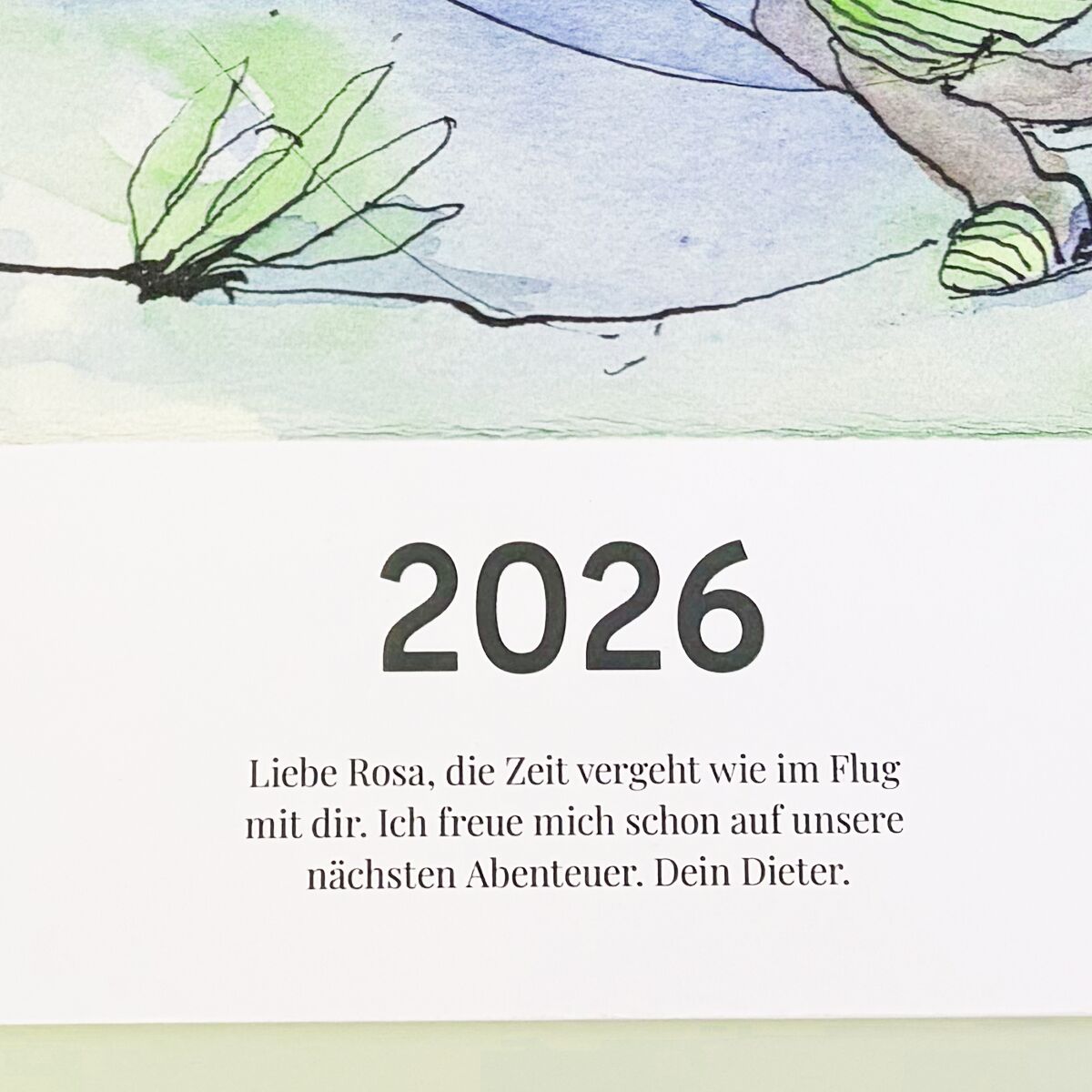 Illustration eines Wandkalenders für das Jahr 2026 mit Aquarellzeichnung auf dem Deckblatt. In der oberen Hälfte ist eine humorvolle, bunt illustrierte Szene zu sehen. Im unteren Teil steht das Jahr 2026 in großen, schwarzen Ziffern sowie ein kurzer, persönlicher Text. Das Design wirkt freundlich und motivierend.