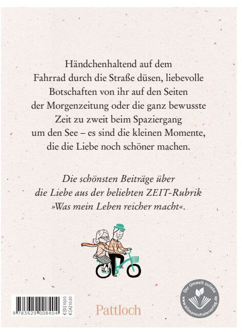 Ein Buchcover mit dem Titel 'Was mein Leben reicher macht »Liebe«'. Das Cover zeigt einen Text über Liebe und einen handgezeichneten Cartoon von zwei Menschen, die auf einem Fahrrad fahren. Der Hintergrund ist weiß, und der Text ist schwarz. Ein orangefarbenes Logo 'Pattloch' und ein QR-Code befinden sich am unteren Rand des Covers.