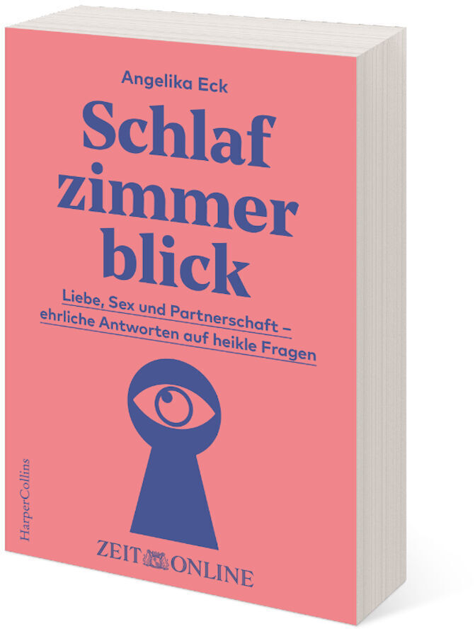 Buchcover von 'Schlafzimmerblick' von Angelika Eck, veröffentlicht von HarperCollins in Zusammenarbeit mit ZEIT ONLINE. Das Cover ist rosa mit blauer Schrift und einem Symbol eines Augenblicks in der Mitte.