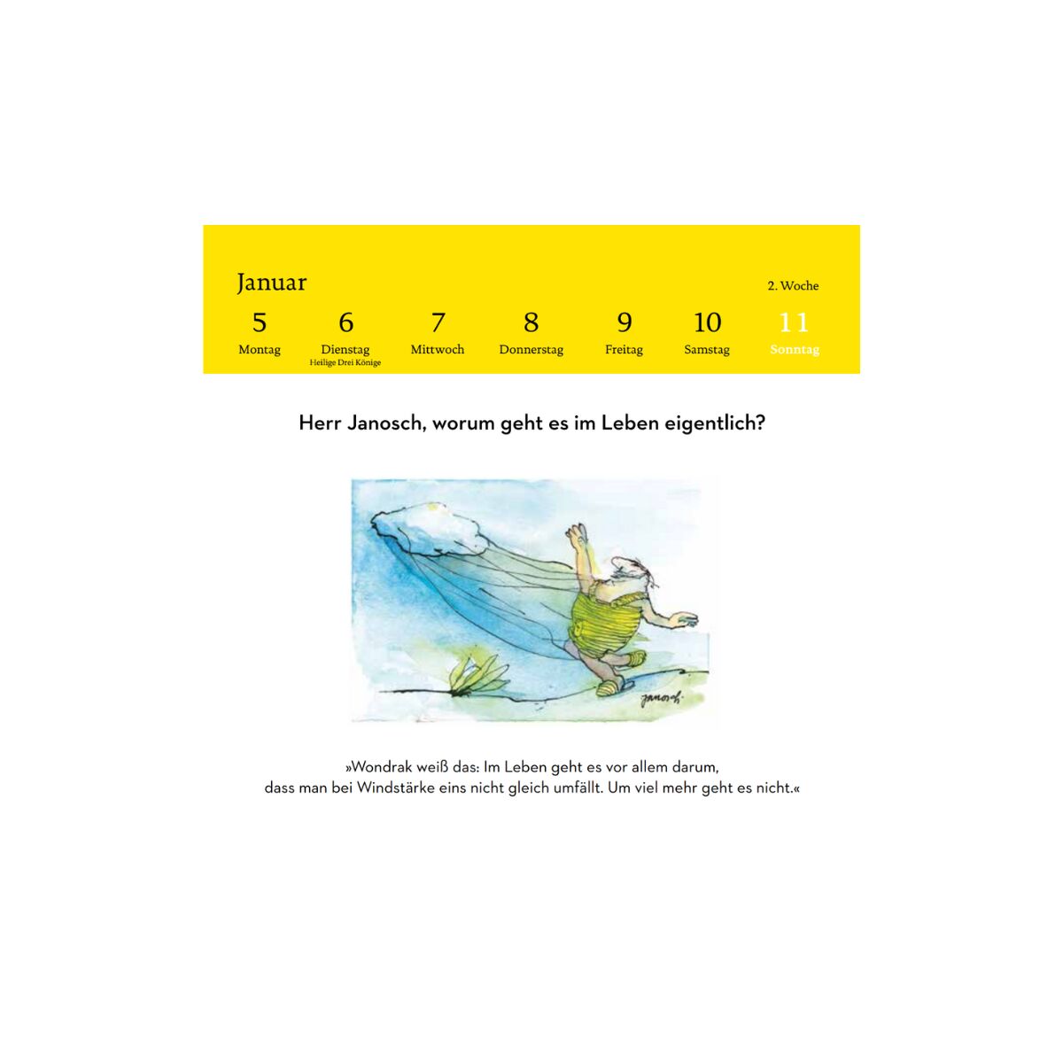 Ein Postkartenkalender für 2026 mit dem Titel »Wondrak für alle Lebenslagen«. Der Januar zeigt eine humorvolle Illustration mit einem Mann und Wind, unterhaltend für Alltagssituationen.