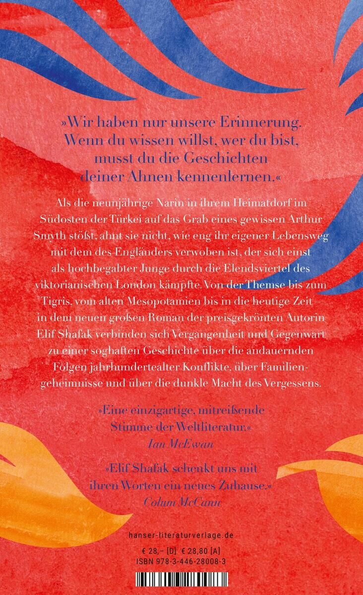 Rückseite des Buches 'Am Himmel die Flüsse' von Elif Shafak mit farbenfrohen Mustern in Rot, Blau, Gelb und Orange sowie einem Text in blauer Schrift.