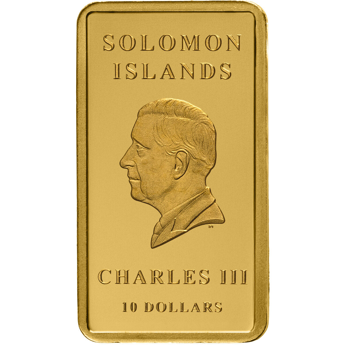 Rechteckiger Goldbarren mit der Aufschrift 'Solomon Islands Charles III 10 Dollars' und einem geprägten Porträt eines Mannes, vollständig in Gold gehalten, als wertvolles Sammel- oder Geschenkobjekt.
