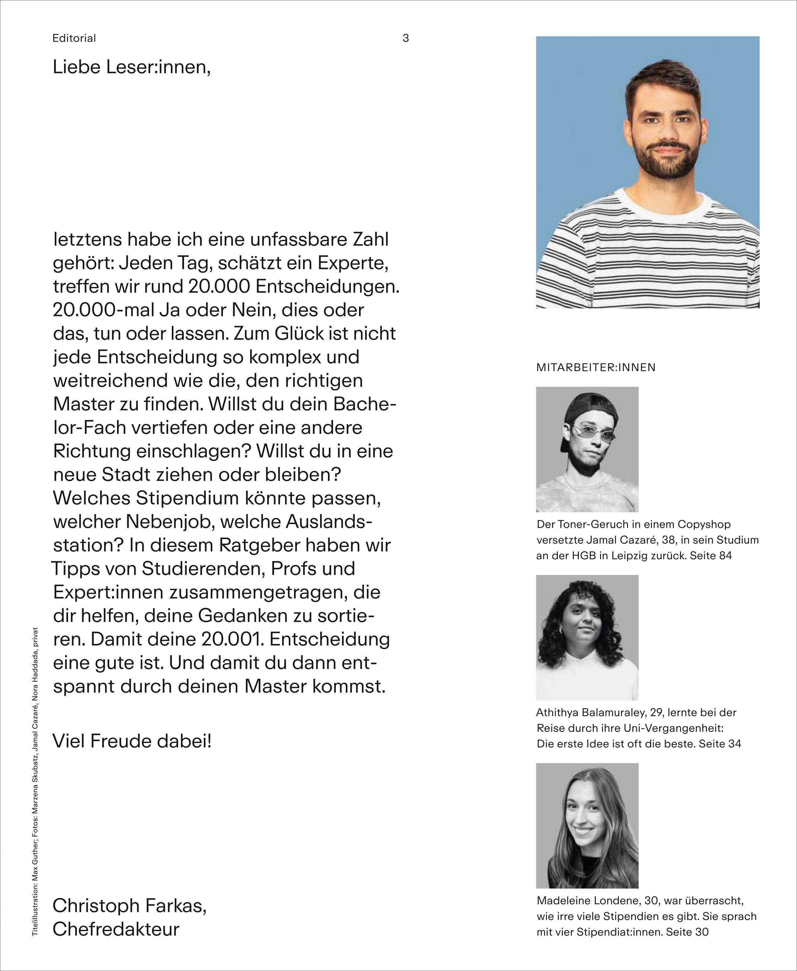 Das Bild zeigt eine Seite des Magazins 'ZEIT CAMPUS MASTERSTUDIUM 2025'. Zu sehen ist der Text eines Editorials, der von Christoph Farkas, dem Chefredakteur, verfasst wurde. Rechts im Bild befinden sich Fotos und kurze Beschreibungen von drei Mitarbeitenden des Magazins. Die Seite hat einen blauen, weißen und schwarzen Farbton.