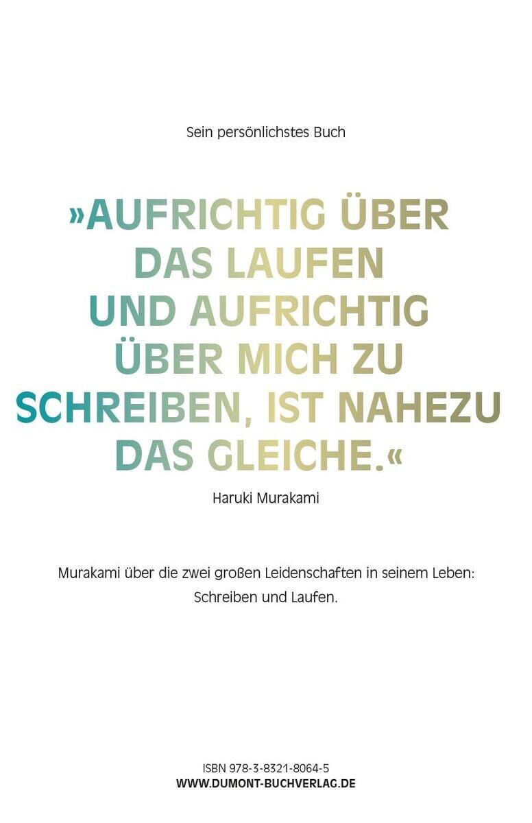 Buchcover von 'Wovon ich rede, wenn ich vom Laufen rede' von Haruki Murakami. Der Titel ist in grüner, blauer und gelber Schrift. Der Untertitel und der Verlagsname sind in schwarzer Schrift auf weißem Hintergrund.
